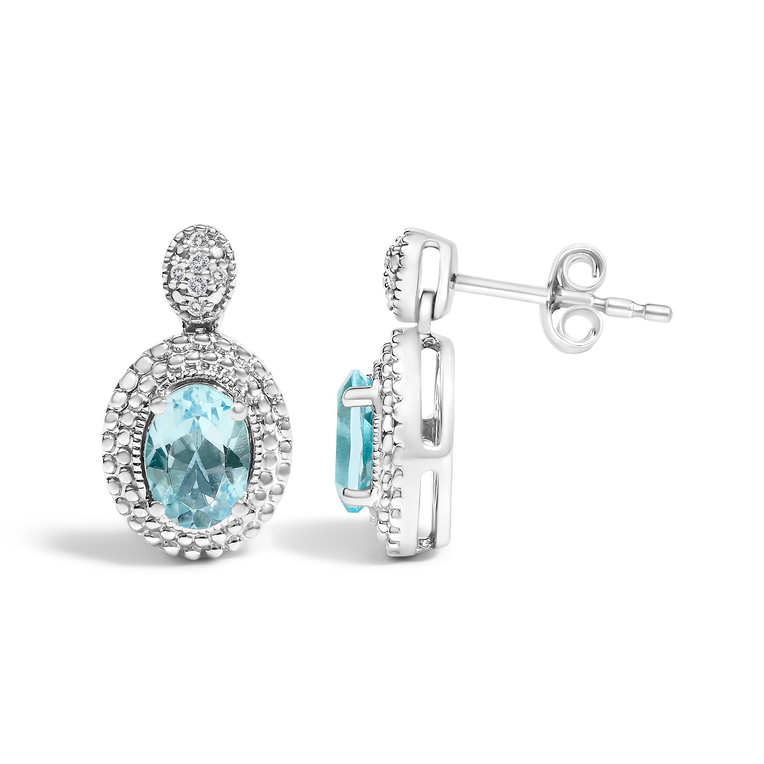 .925 Sterling Silver Diamond Accent and Oval Blue Topaz with Beaded Halo Drop Stud Earrings (I-J color, I1-I2 Clarity) DestGlow
