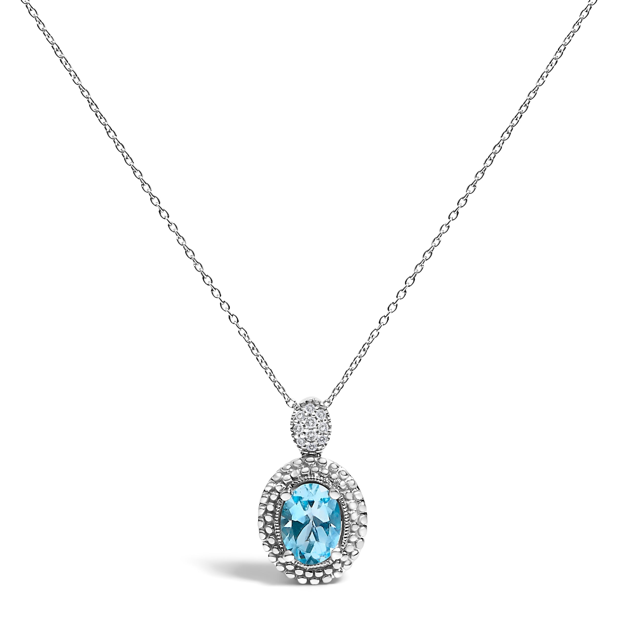 .925 Sterling Silver Oval Blue Topaz and Diamond Accent with Beaded Halo Pendant Necklace - 18" Inches DestGlow