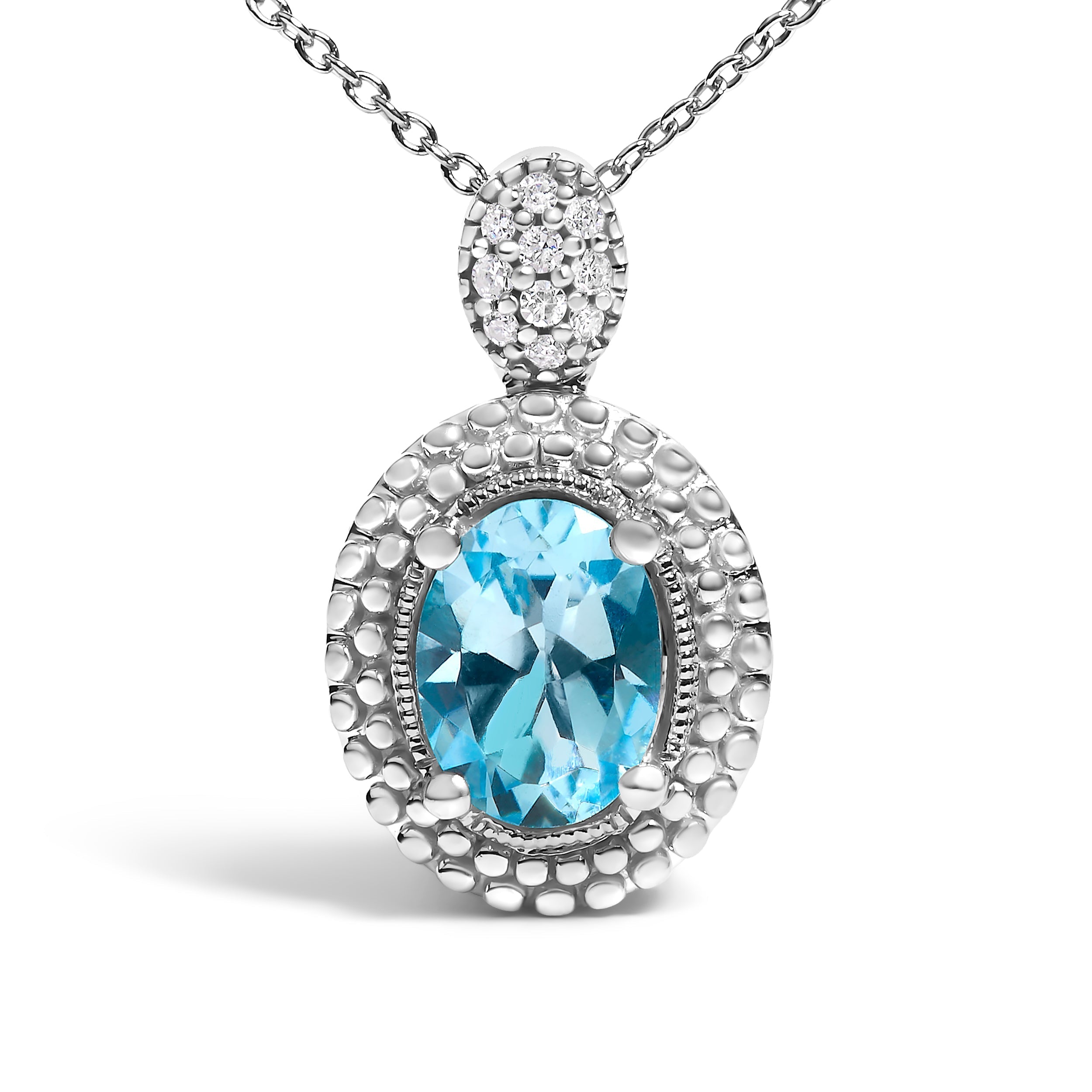 .925 Sterling Silver Oval Blue Topaz and Diamond Accent with Beaded Halo Pendant Necklace - 18" Inches DestGlow