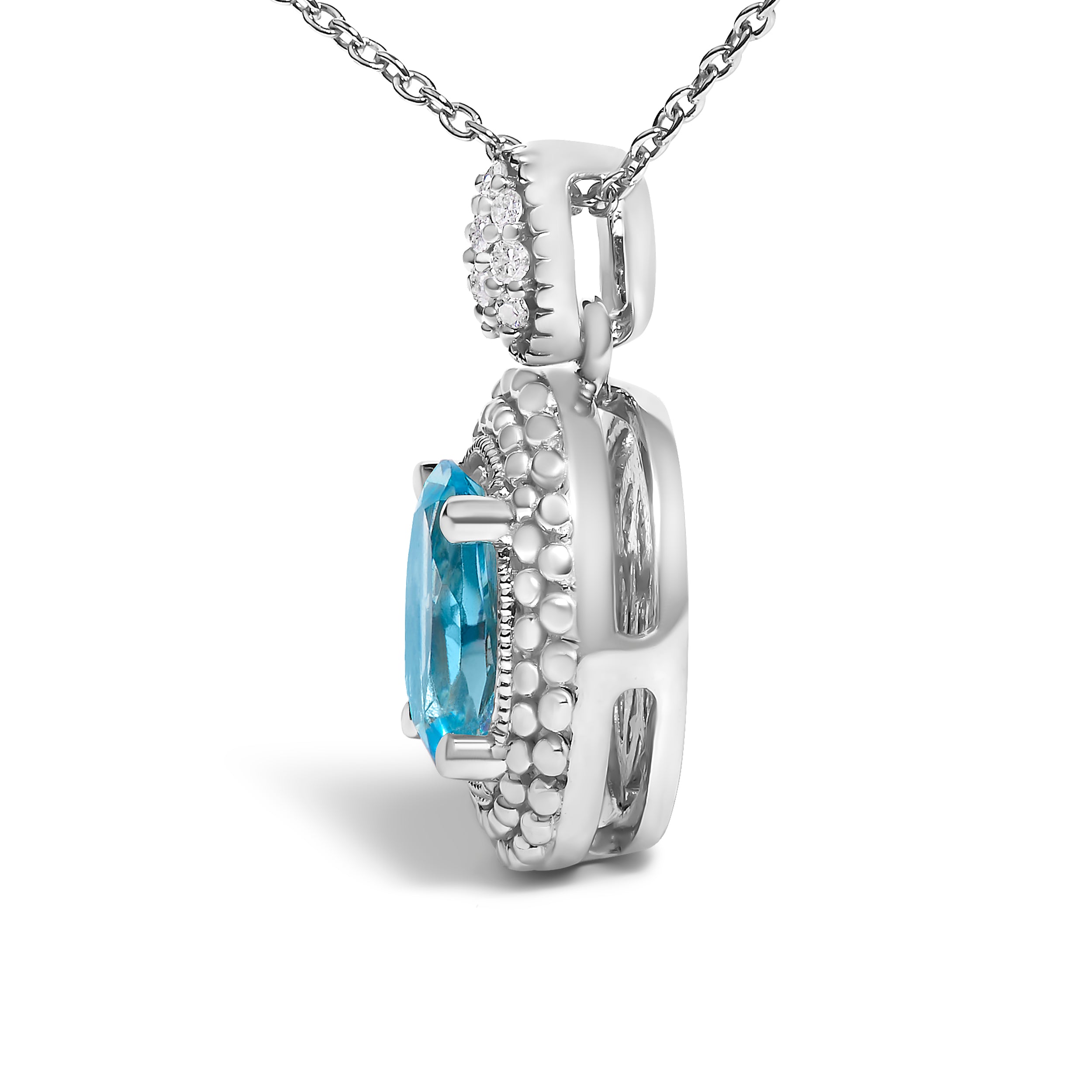 .925 Sterling Silver Oval Blue Topaz and Diamond Accent with Beaded Halo Pendant Necklace - 18" Inches DestGlow