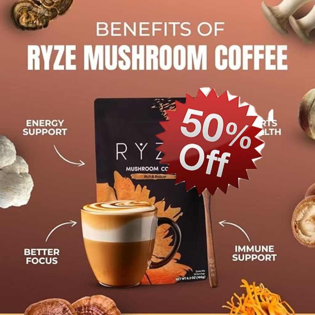 RYZE SUPERFOODS Mushroom Coffee Dark Roast, 6 Adaptogenic Mushrooms & Prebiotic Blend, Instant Coffee Supports Energy, Focus, Digestion & Immunity, Lions Mane & Turkey Tail, 30 Servings. DestGlow