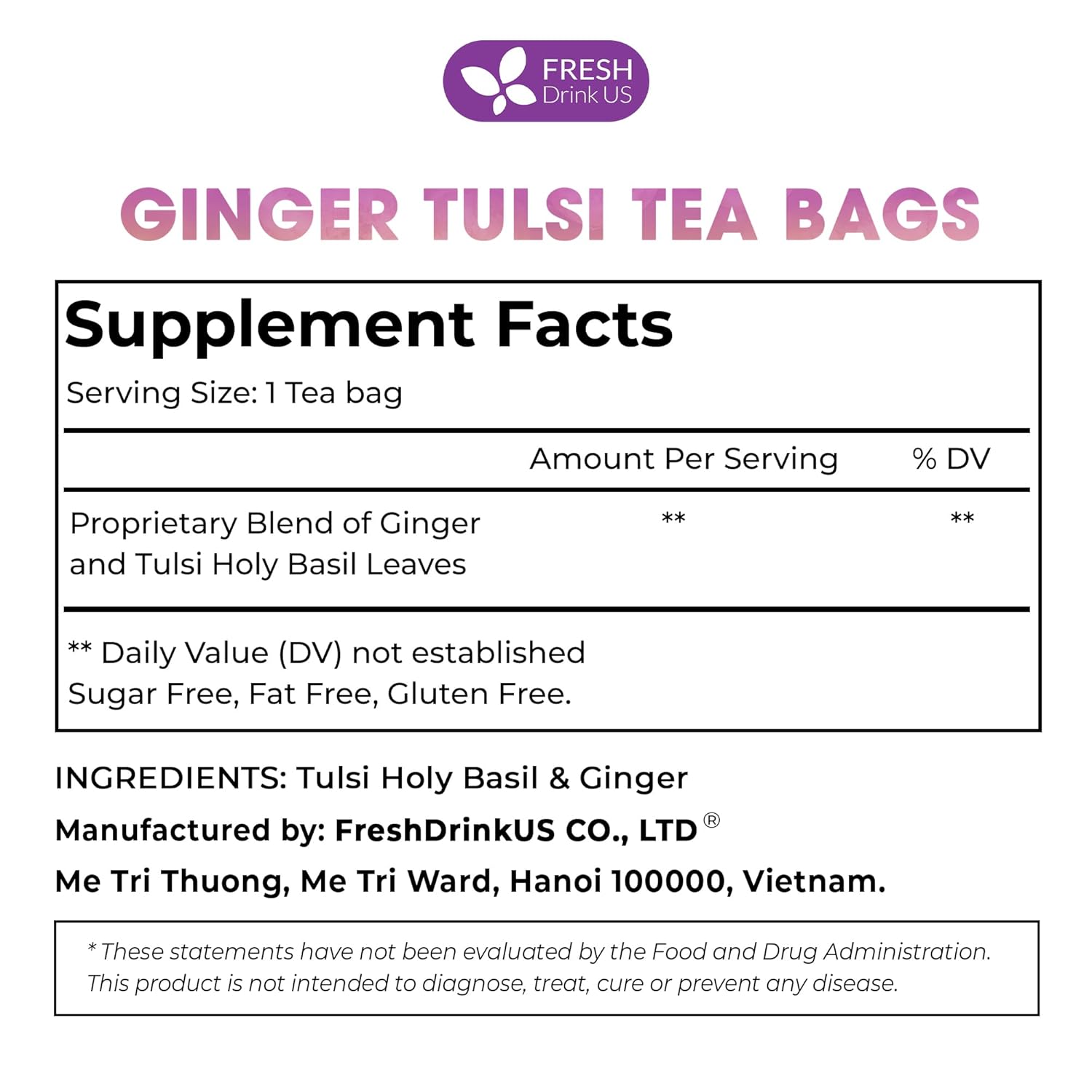Premium Ginger Tulsi Tea Bags | Hand-made Blend of Ginger and Tulsi Holy Basil Leaves by FreshDrinkUS - Natural and Premium Herbal Tea