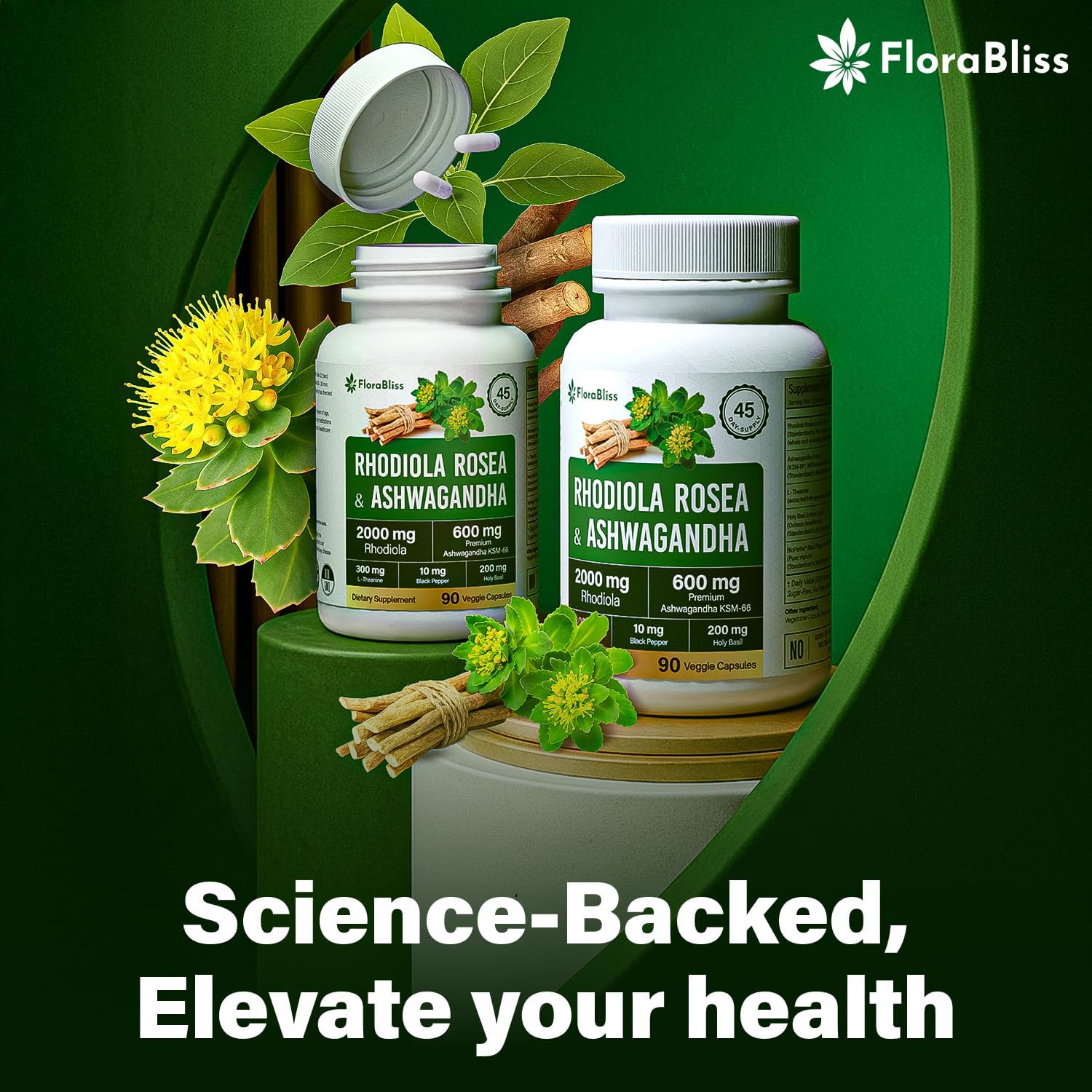 Rhodiola Rosea 2000mg with Ashwagandha KSM-66, L-Theanine, Holy Basil & BioPerine - High Potency Vegan Capsules by FreshDrinkUS - Natural and Premium Herbal Tea