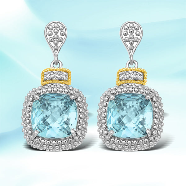 18k Yellow Gold & Sterling Silver Sky Blue Topaz & Diamond Earrings (.05cttw) DestGlow