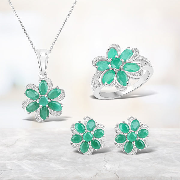 7.84 Carat Genuine Emerald and White Topaz .925 Sterling Silver 3 Piece Jewelry Set (Ring, Earrings, and Pendant w/ Chain) by Bids.com
