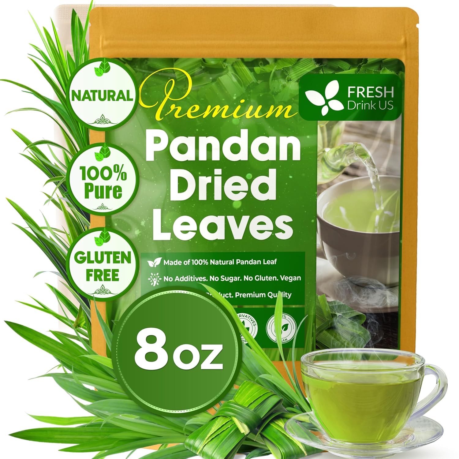 Natural Pandan Leaves Dried, No Additives, No Caffeine, Vegan by FreshDrinkUS - Natural and Premium Herbal Tea