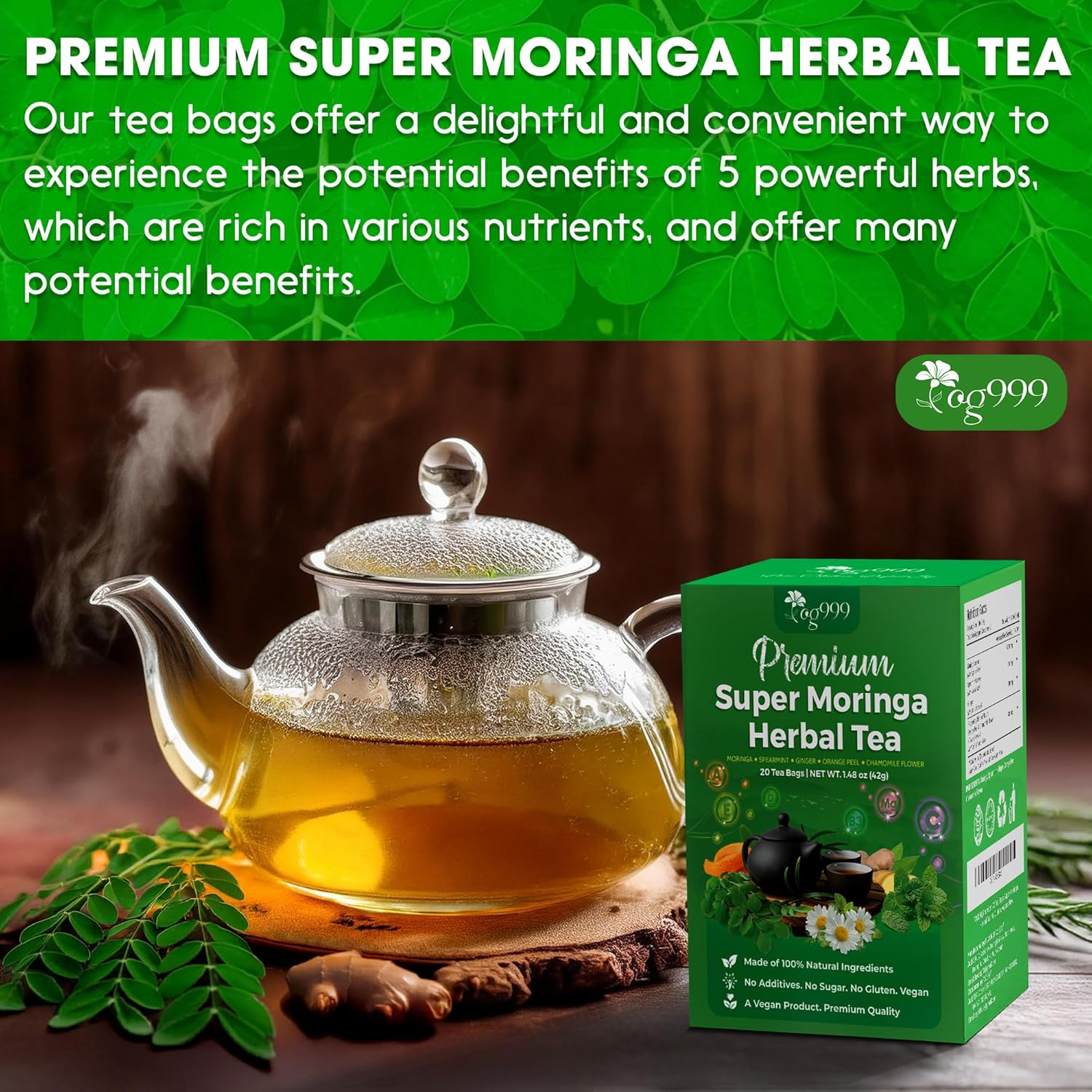 Super Moringa Herbal Tea, Improve Digestion, Support Brain, Weight, Skin and Sleep, Eco-Conscious Tea Bags by FreshDrinkUS - Natural and Premium Herbal Tea
