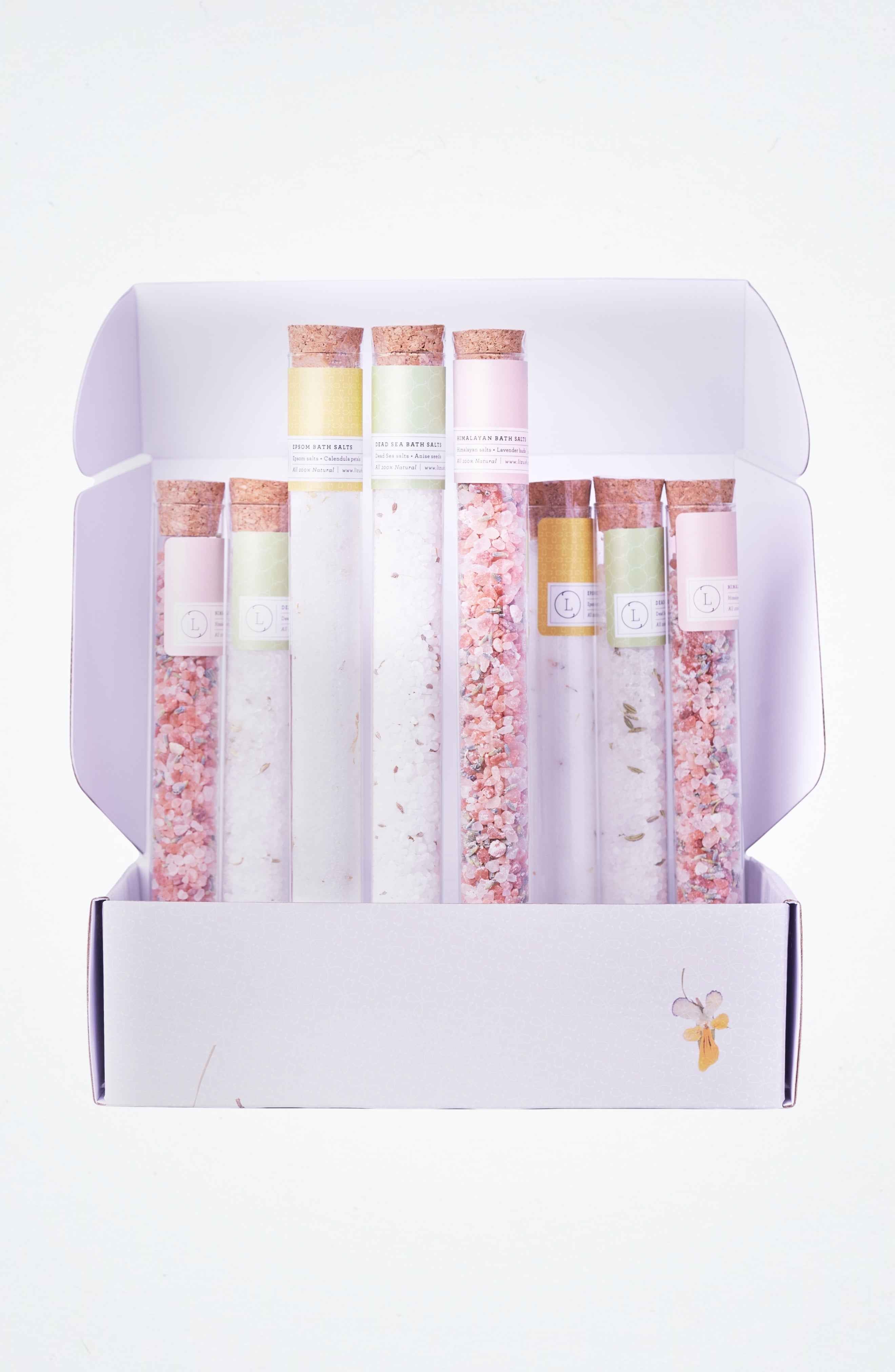 Natural Bath Salts Gift set in 8 Glass Tubes, Luxurious Bath Experience