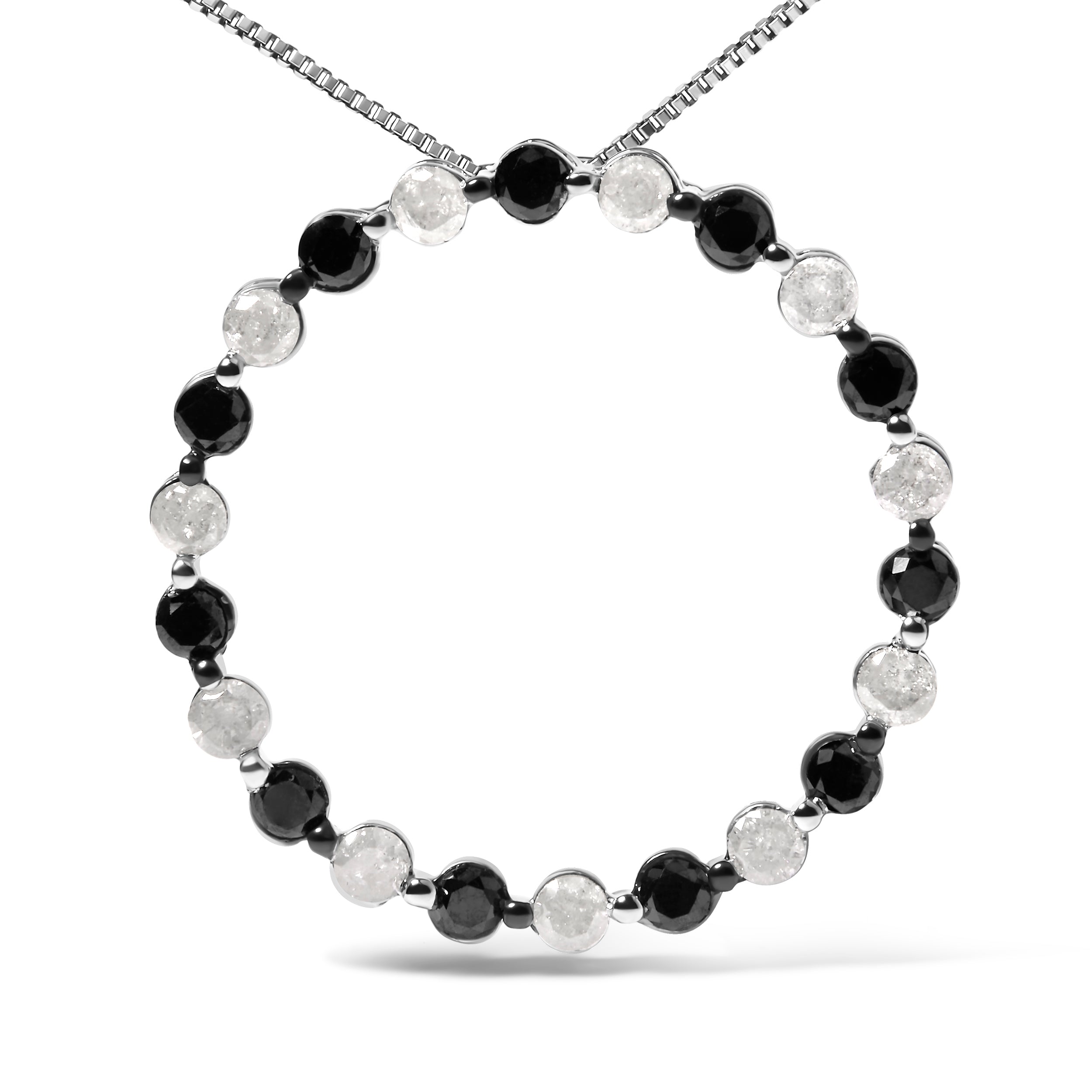 .925 Sterling Silver 1 3/4 Cttw Alternating Black and White Diamond Open Circle Hoop Pendant Necklace (H-I Color, I2-I3 Clarity) - 18" Inches DestGlow