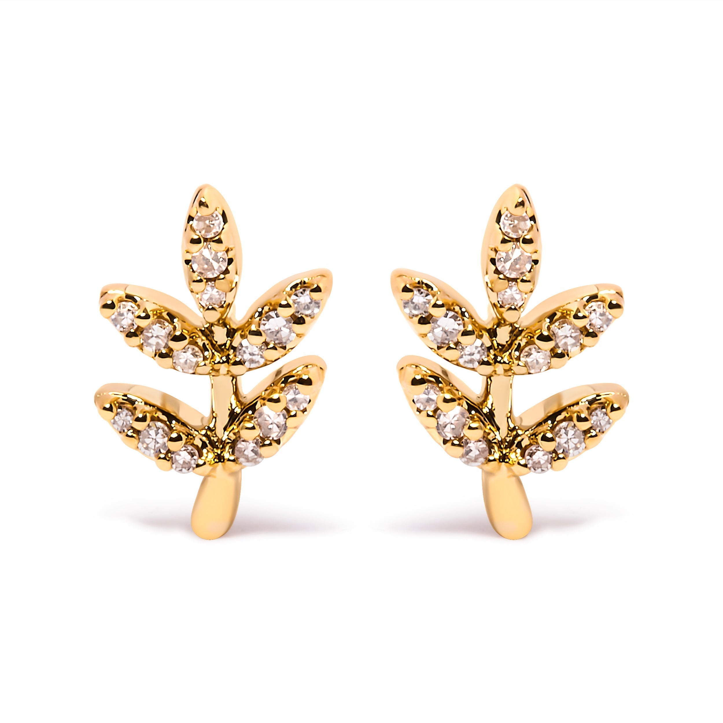 10K Yellow Gold 1/10 Cttw Diamond Accented Leaf and Branch Stud Earrings (H-I Color, I1-I2 Clarity) DestGlow