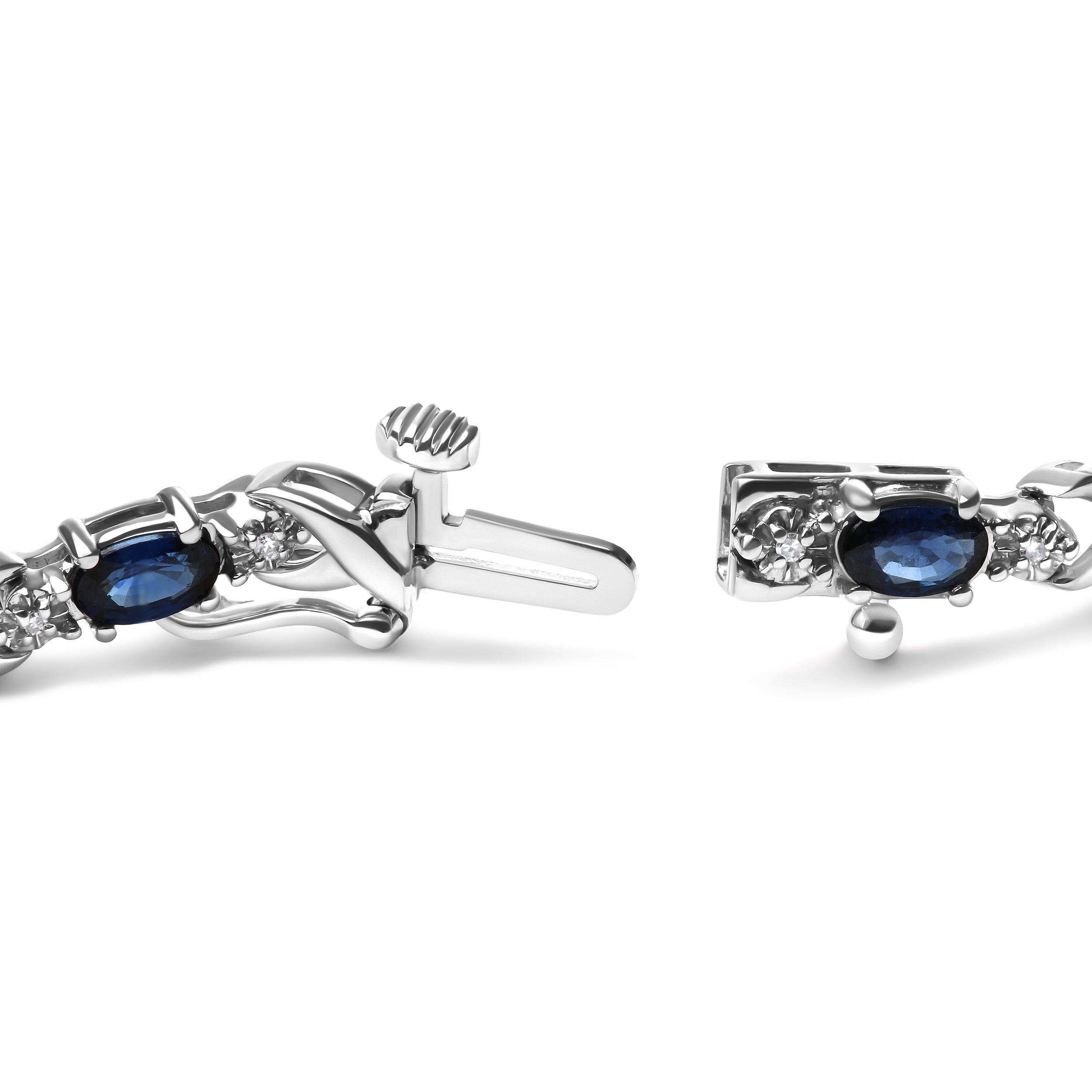 10K White Gold 5x4mm Oval Sapphire Gemstone and 1/10 Cttw Diamond Prong Set "X" Link Bracelet - Size 7" (H-I Color, SI1-SI2 Clarity) DestGlow