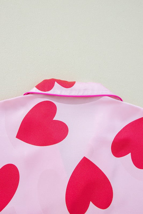 Women's Valentine's Day Pajama Set - Heart Print Short Sleeve Shirt & Pants