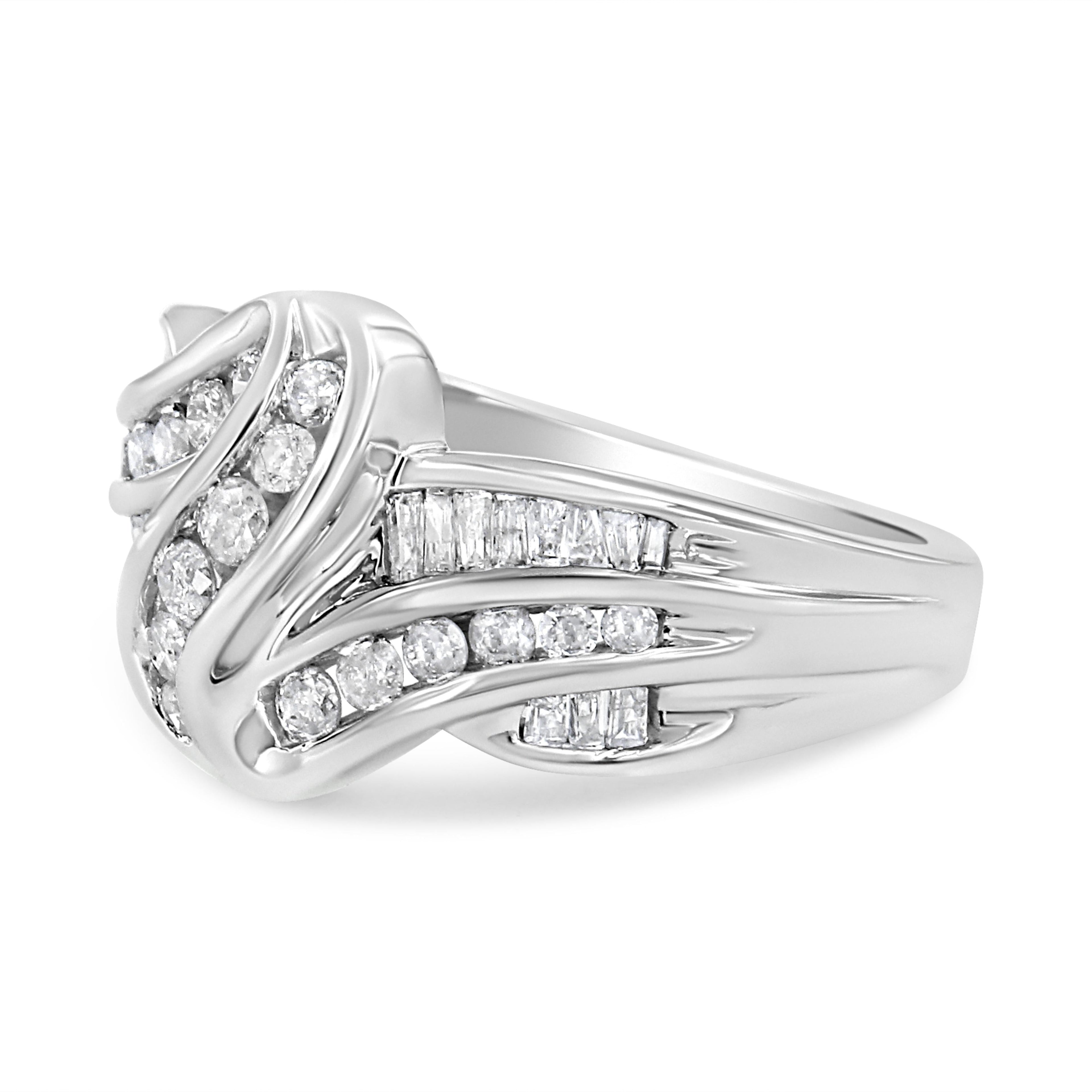 10K White Gold Ring 3/4 Cttw Round and Baguette-Cut Diamond Bypass Ring (H-I Color, I2-I3 Clarity) - Size 6 by Bids.com