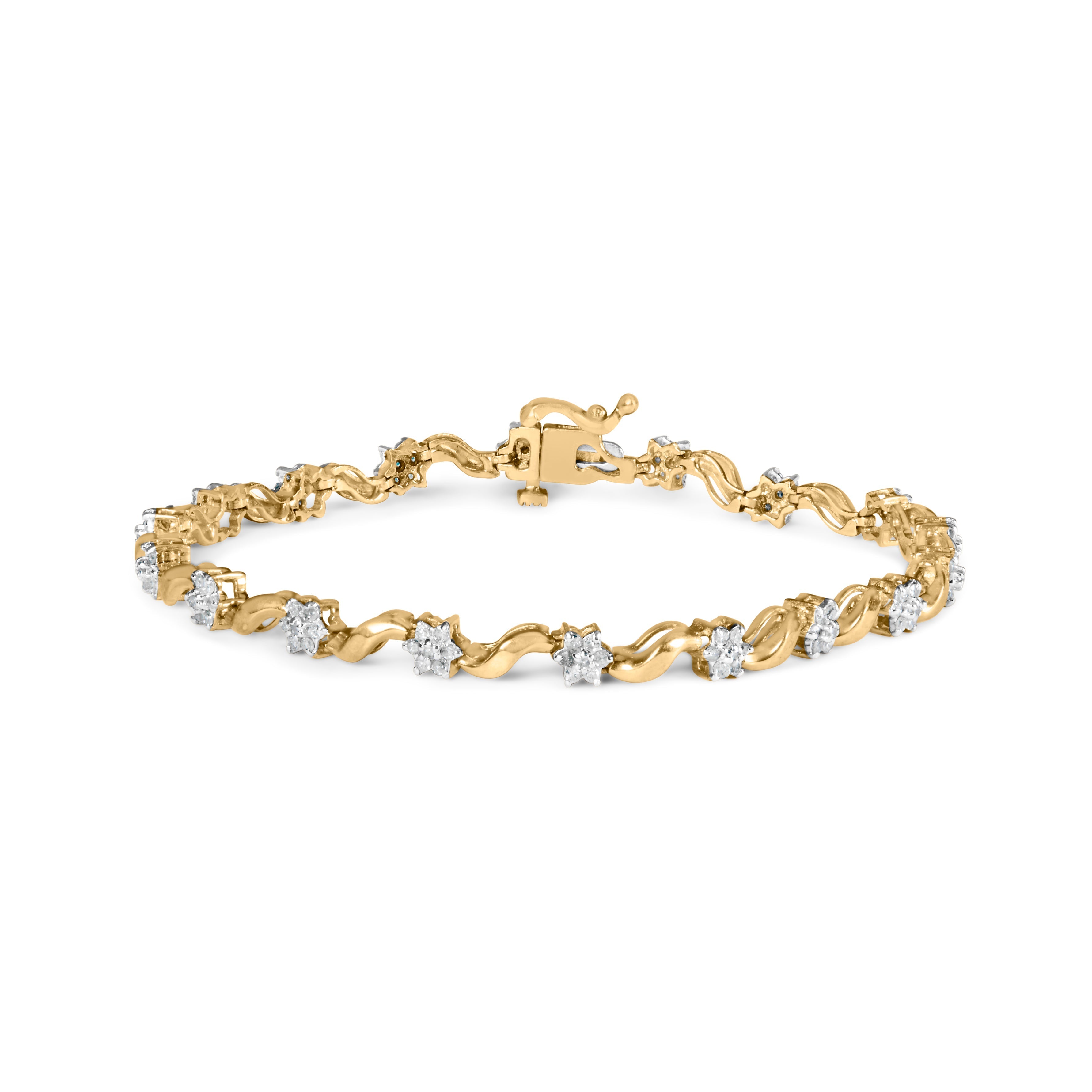 10k Yellow Gold 1.00 Cttw Round-Cut Diamond Floral S-Link 7.50" Bracelet (I-J Color, I2-I3 Clarity) DestGlow
