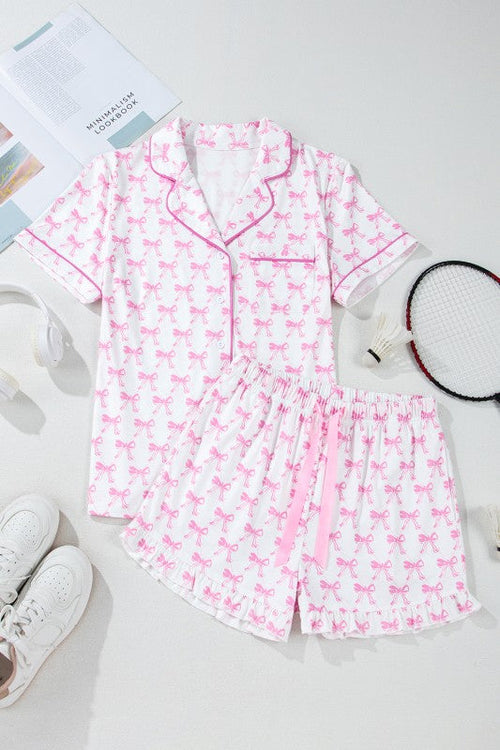 Women's Pink Bow Print Pajama Set - Short Sleeve Top & Ruffled Shorts