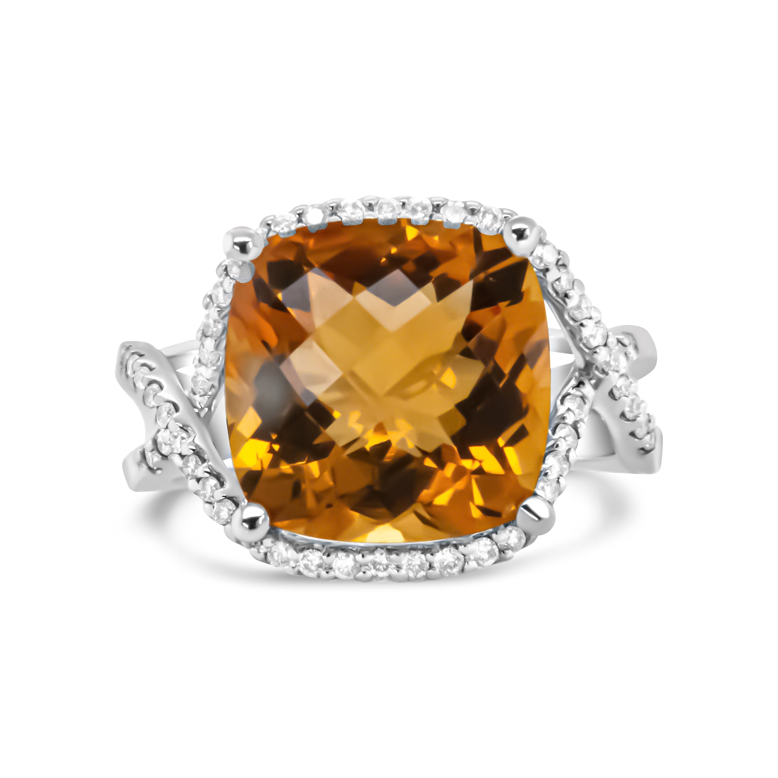 14K White Gold 12mm Cushion Cut Yellow Citrine Gemstone and 1/3 Cttw Round Pave-Set Diamond Ring - (H-I Color, VS1-VS2 Clarity)- Size 6.5 DestGlow