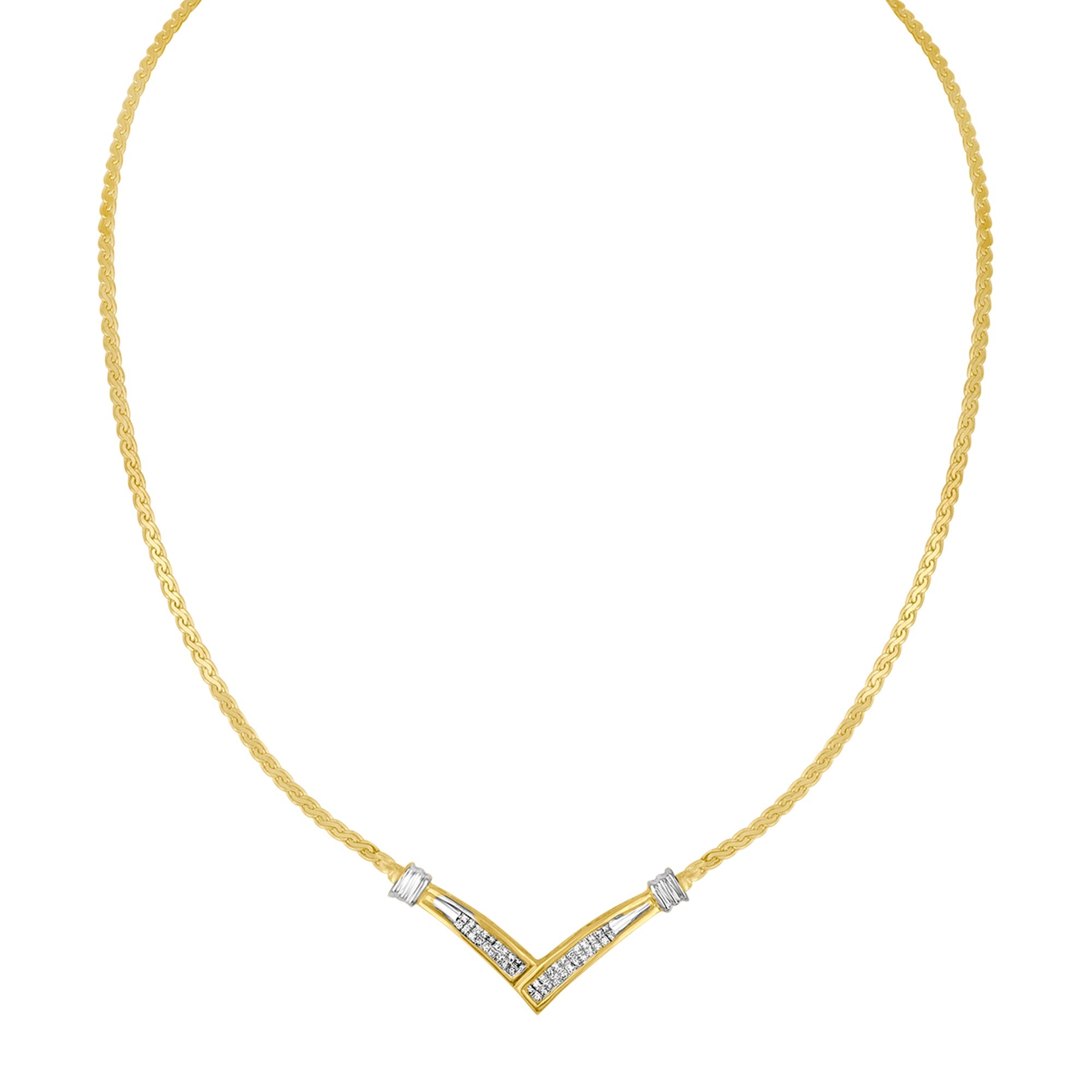10K Yellow and White Gold 1/2 Cttw Princess Cut Diamond Channel-Set “V†Shape 18" Franco Chain Necklace (H-I Color, SI2-I1 Clarity) by Bids.com