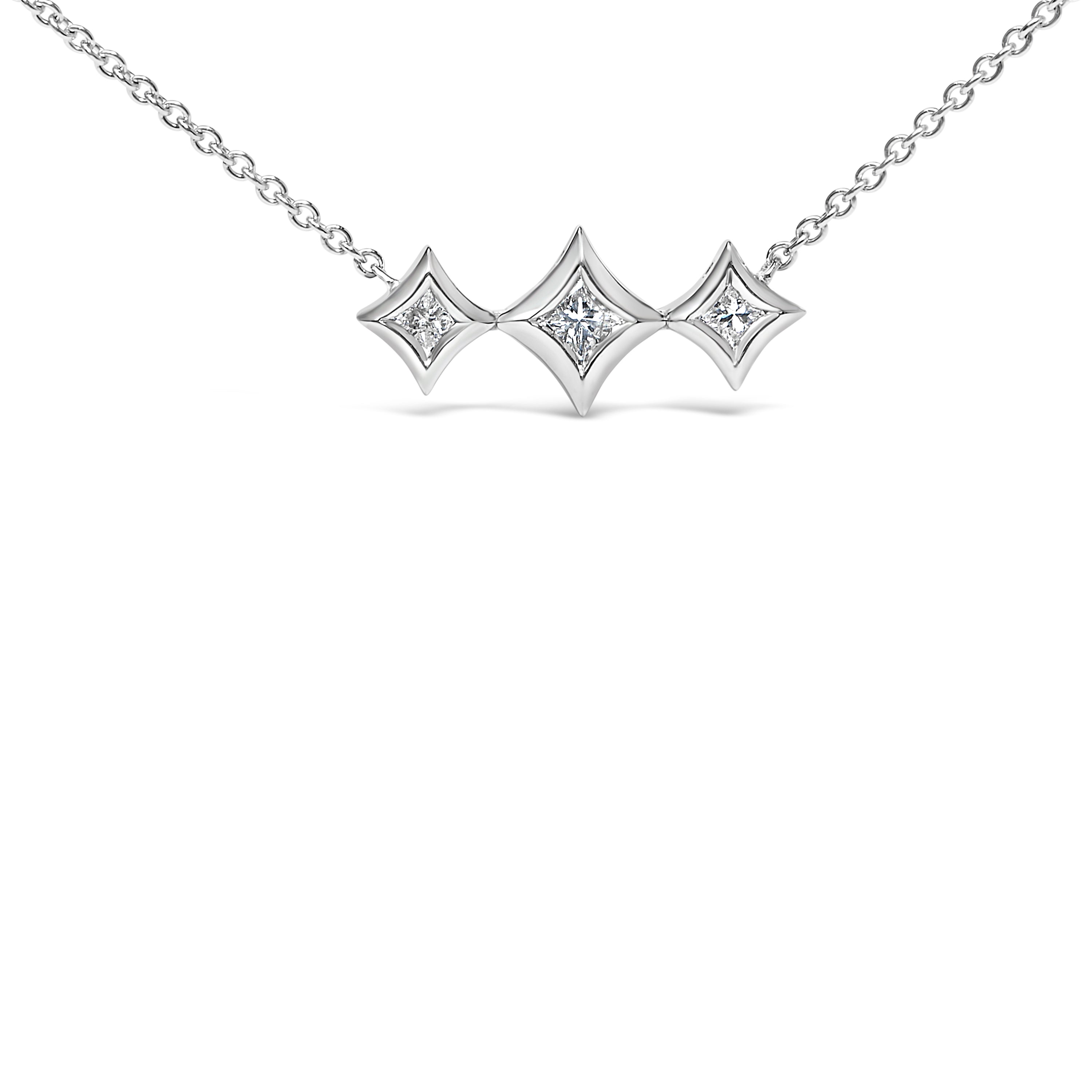 10K White Gold Bezel Set Princess Diamond 3 Stone Kite Shape and Station Necklace (H-I Color, SI2-I1 Clarity) - 18" Inches by Bids.com