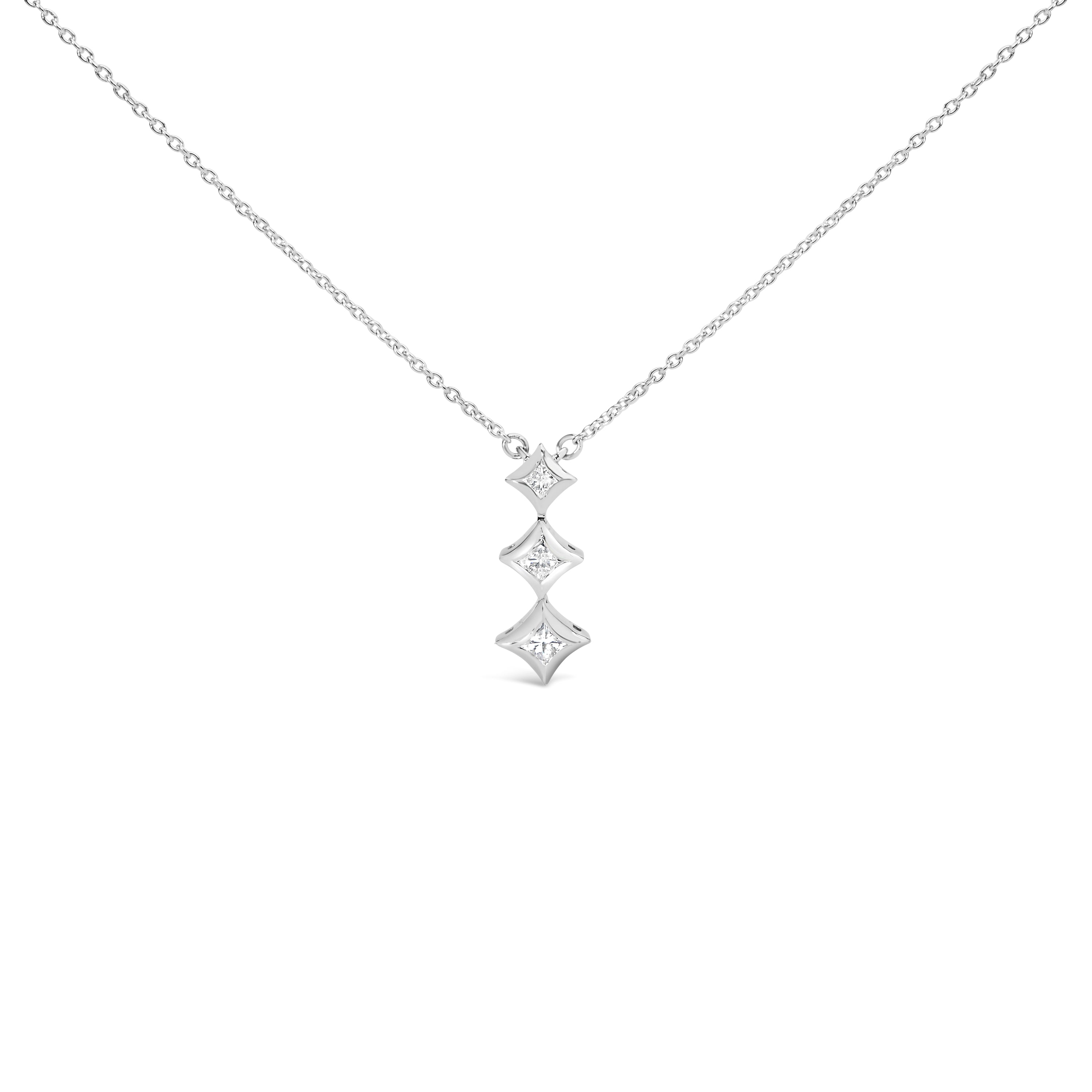 10K White Gold 1/5 Cttw Princess Cut Diamond 3 Stone Drop 18" Pendant Necklace (H-I Color, SI2-I1 Clarity) by Bids.com