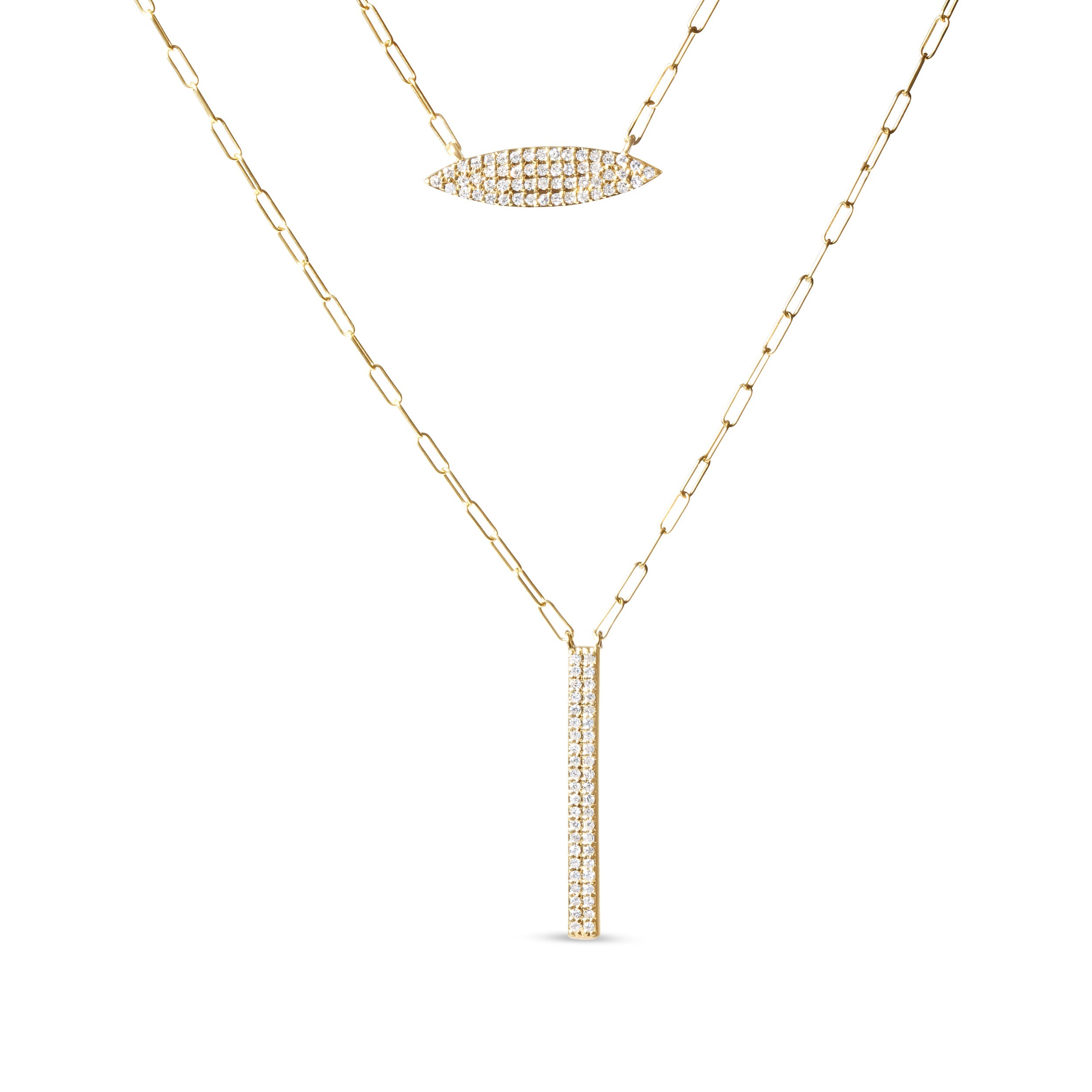14K Yellow Gold 3/8 Cttw Two-Strand Marquise and Bar Charm Paper Clip Link Pendant Necklace (I-J Color, I1-I2 Clarity) -18" and 20" Inch Lengths by Bids.com