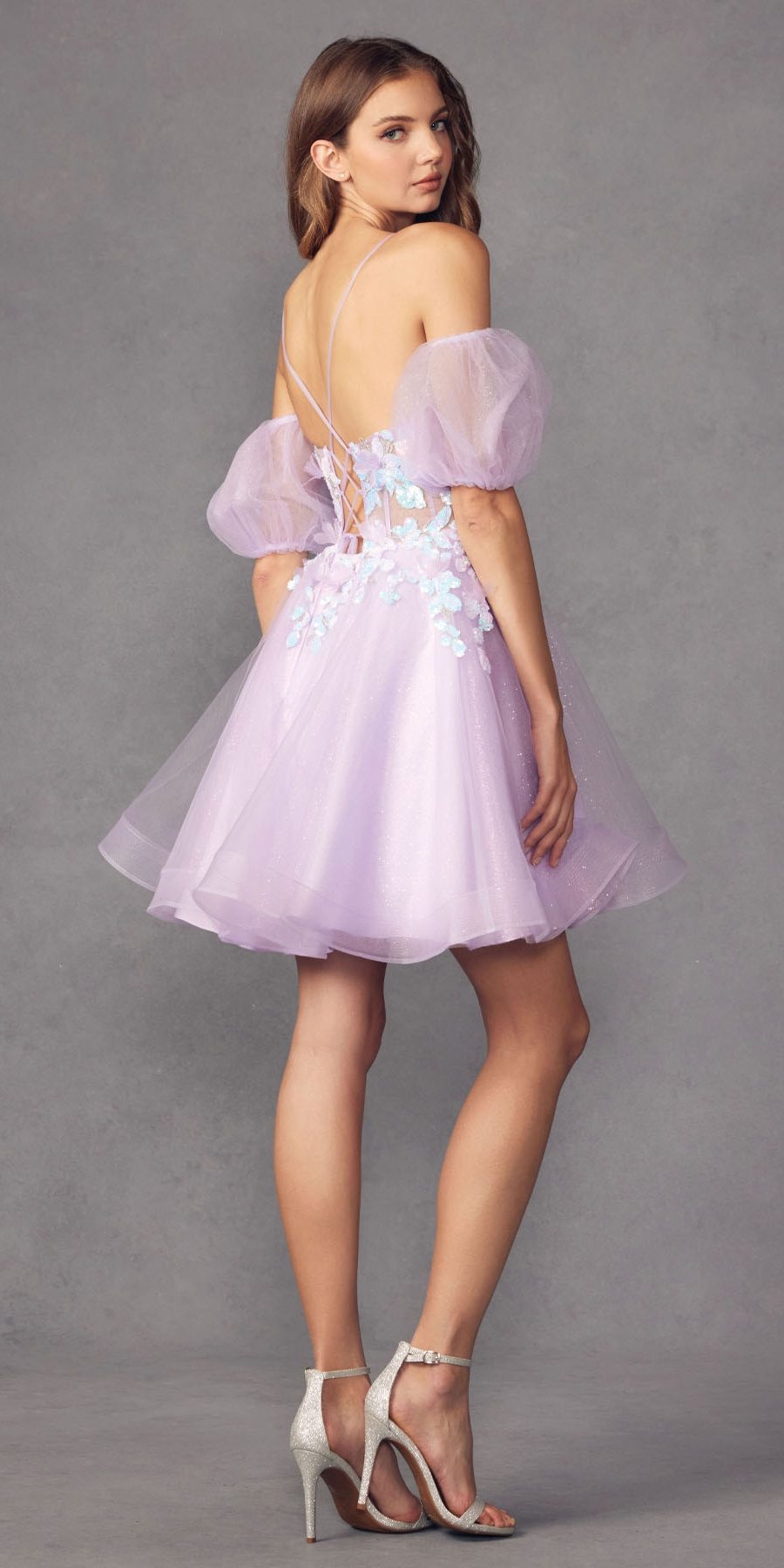 Juliet 901 Short Removable Puff Sleeves A-Line Glitter Tulle Dress by DiscountDressShop