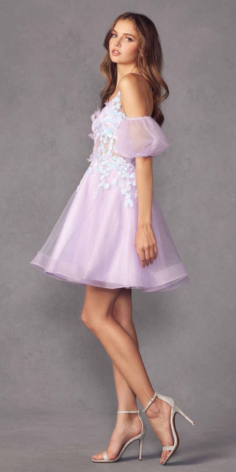 Juliet 901 Short Removable Puff Sleeves A-Line Glitter Tulle Dress by DiscountDressShop