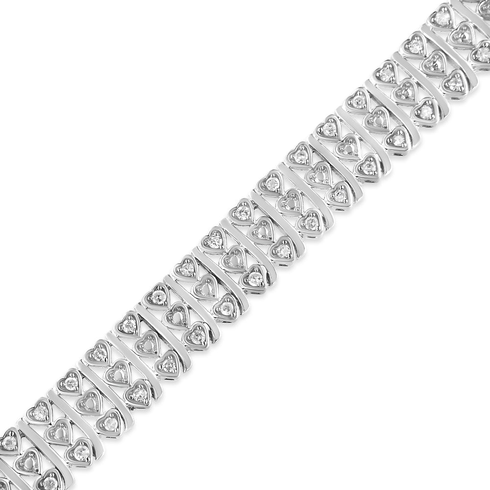 .925 Sterling Silver 1.00 Cttw Diamond Multi Row Heart Link Bracelet (H-I Color, I1-I2 Clarity) - 7.25" Inches by Bids.com