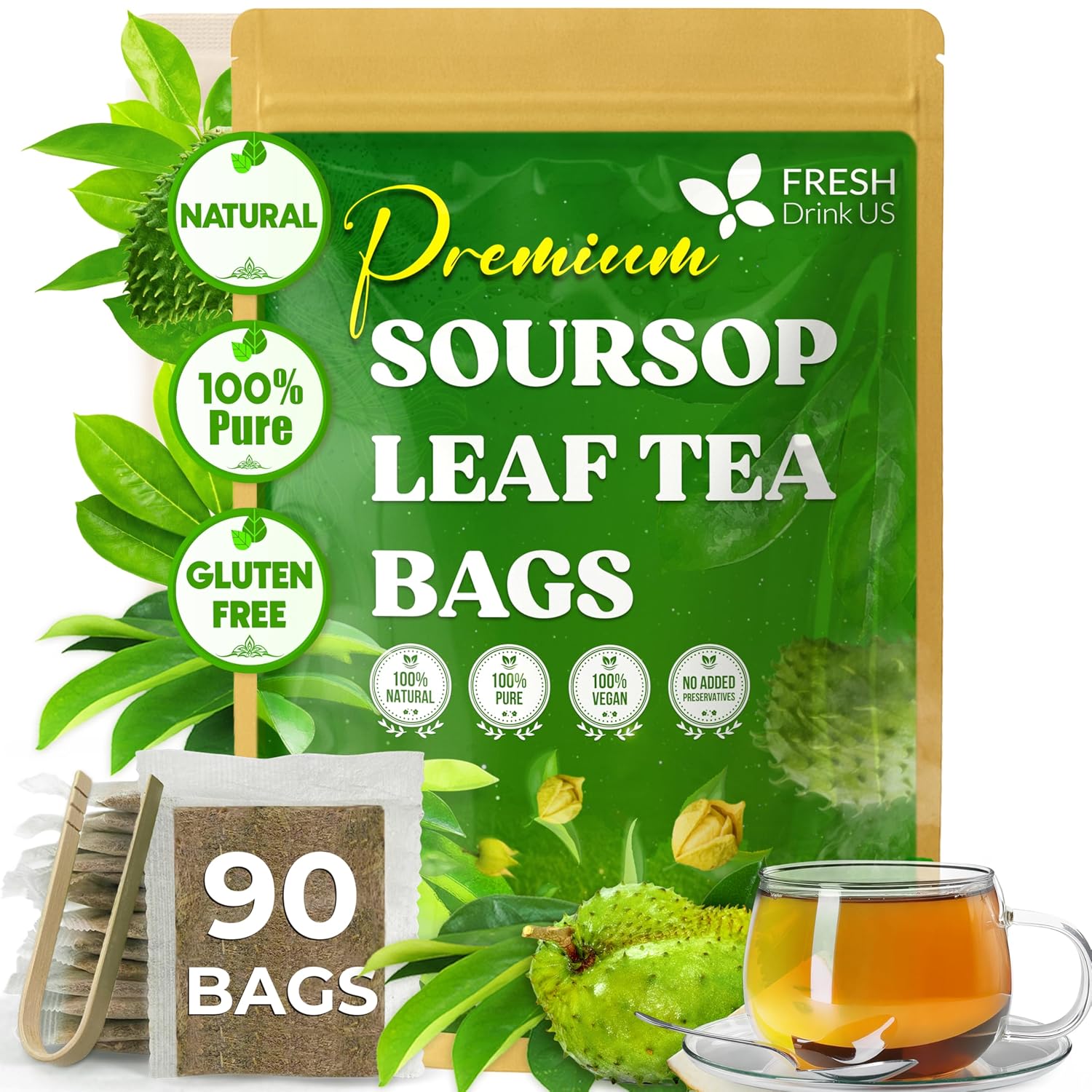 Premium Soursop Leaves Tea bags, Dried Soursop Leaves, Soursop Leaf Powder, Guanabana Leaves Tea, Hoja Guanabana Tea by FreshDrinkUS - Natural and Premium Herbal Tea