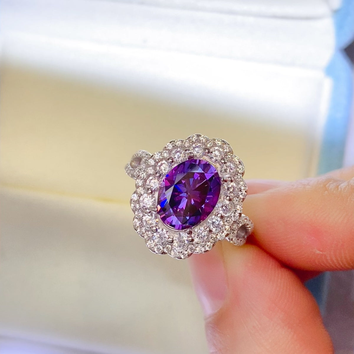 2 Carat Purple Oval-Cut Purple Oval-Cut Sparkala™ Pure Sterling Silver Halo Ring - DestGlow