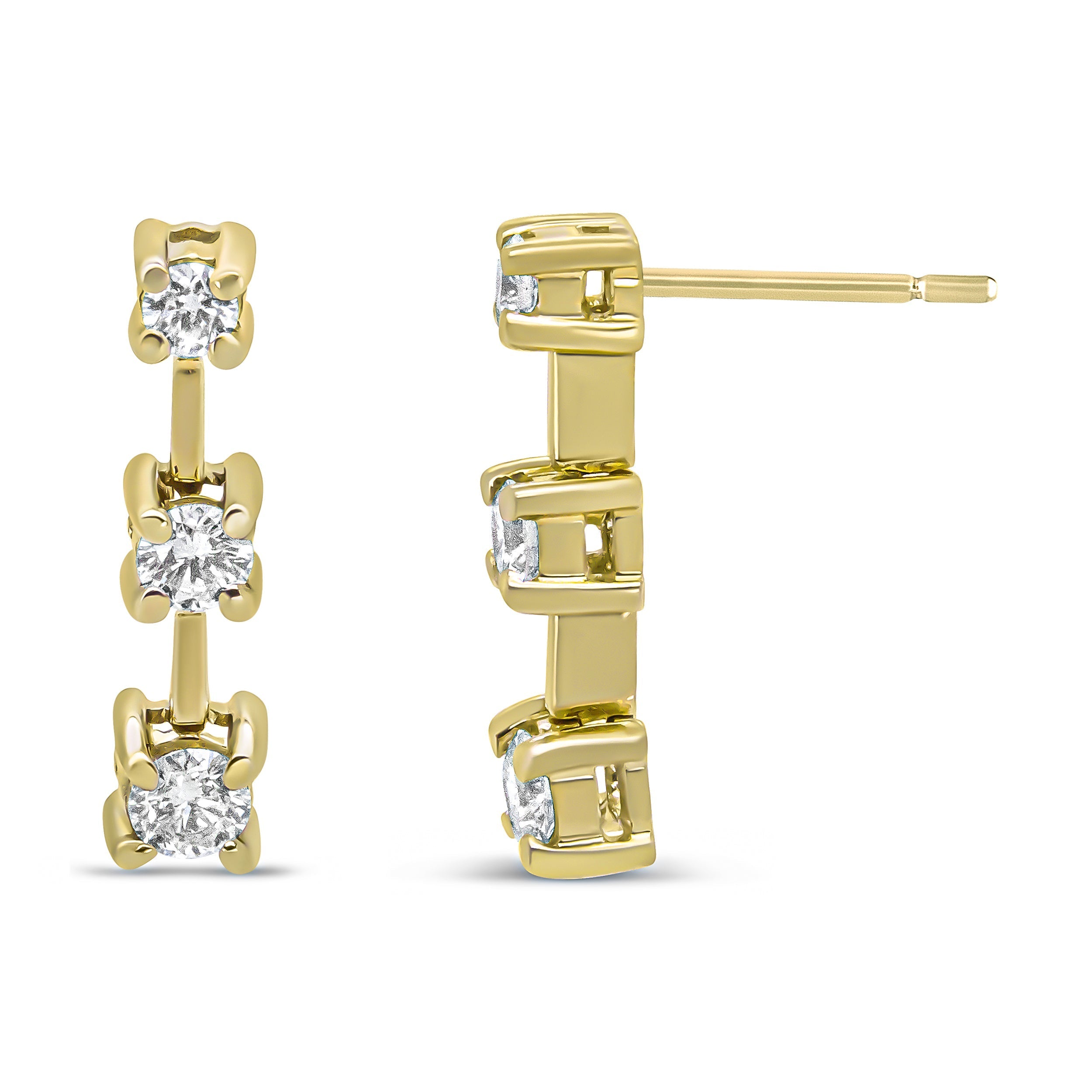 14K Yellow Gold 1/2 Cttw Round Diamond 3 Stone Graduated Linear Drop Past, Present and Future Stud Earrings (H-I Color, SI1-SI2 Clarity) DestGlow