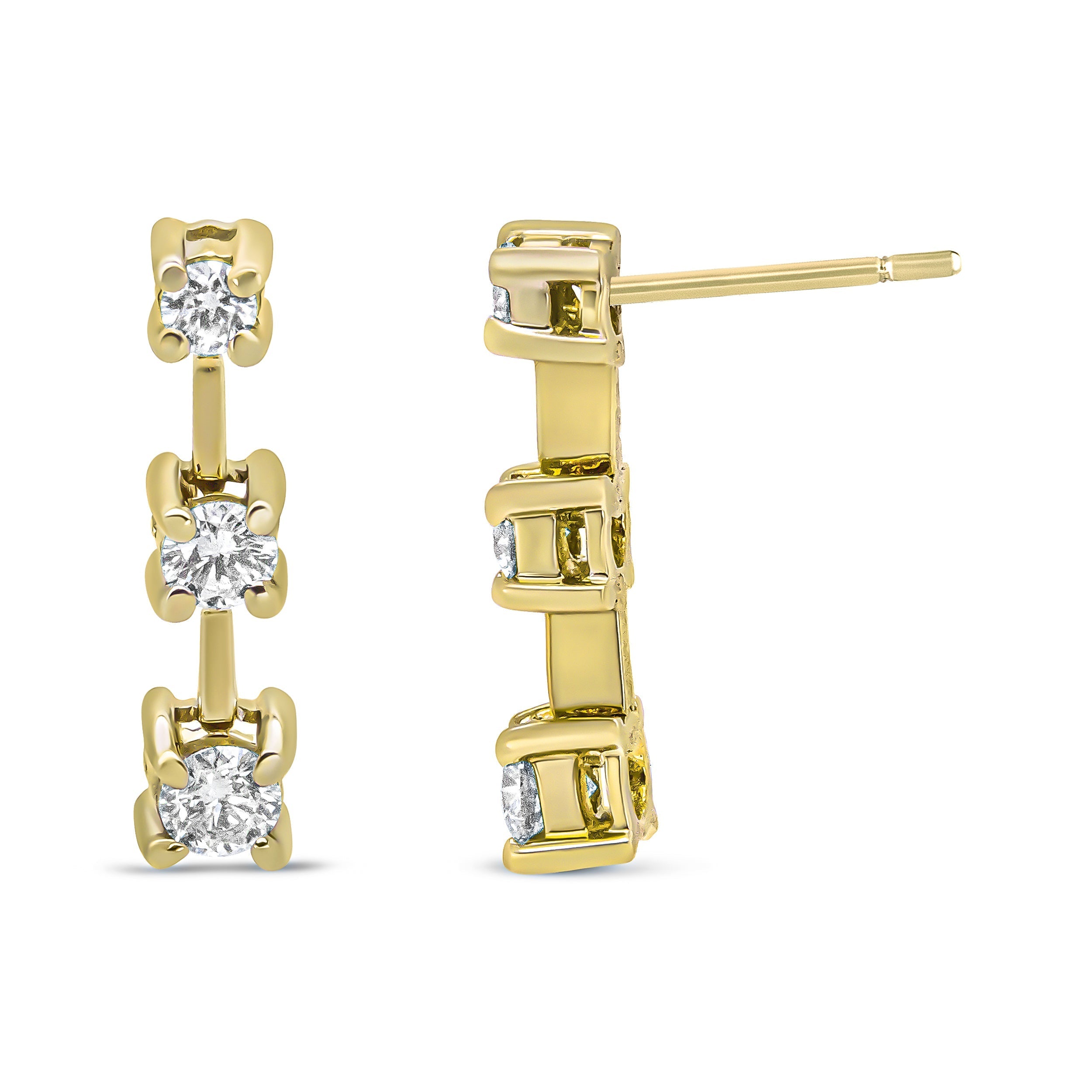 14K Yellow Gold 1/2 Cttw Round Diamond 3 Stone Graduated Linear Drop Past, Present and Future Stud Earrings (H-I Color, SI1-SI2 Clarity) DestGlow