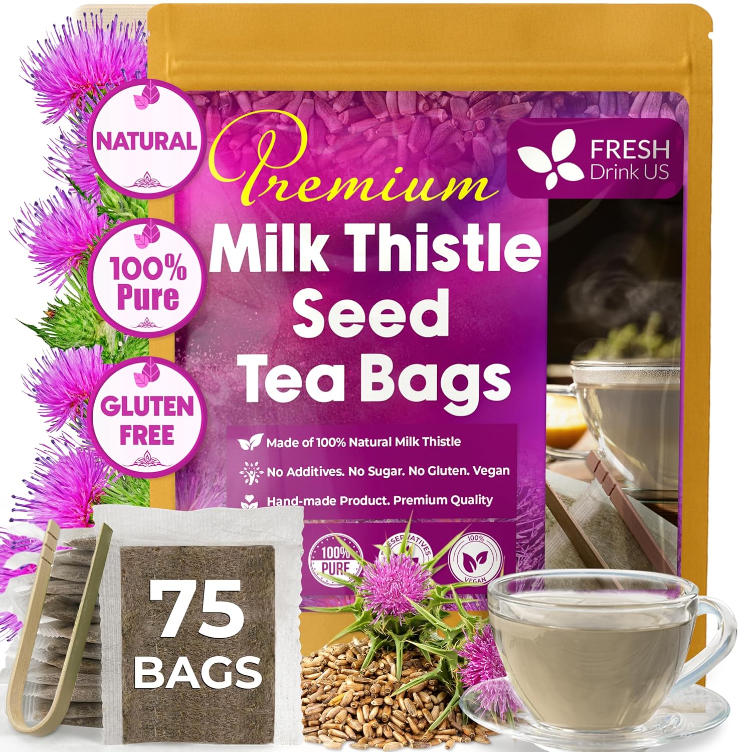 Premium Milk Thistle Tea Bags, 100% Natural & Pure from Milk Thistle Seeds. Milk Thistle Seed Herbal Tea. Milk Thistle Seed Tea. Made with Natural Material Tea Bags. No Sugar, No Caffeine, No Gluten, Vegan. by FreshDrinkUS - Natural and Premium Herbal Tea