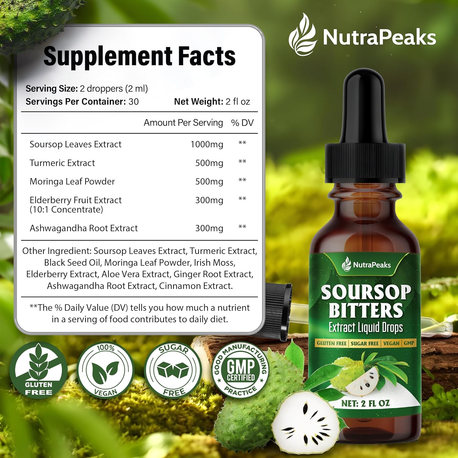 Soursop Bitters Liquid Drops – Premium Herbal Blend with Soursop Leaves, Black Seed, Moringa, Ashwagandha, Senna, Goat Weed & Ginger, 2 fl oz by FreshDrinkUS - Natural and Premium Herbal Tea