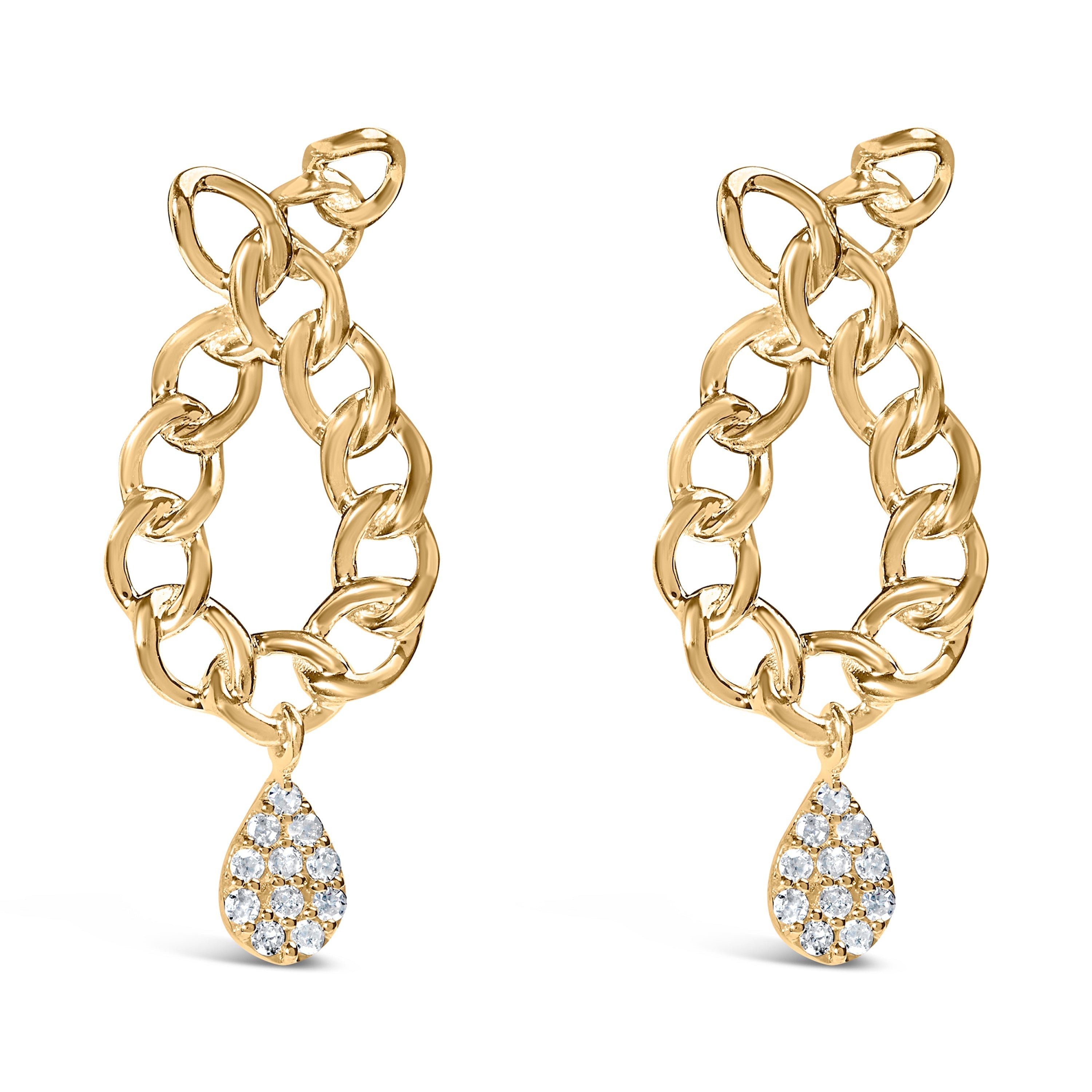 14K Yellow Gold Plated .925 Sterling Silver 1/10 Cttw Diamond Chain Link Teardrop Dangle Earrings (H-I Color, I1-I2 Clarity)