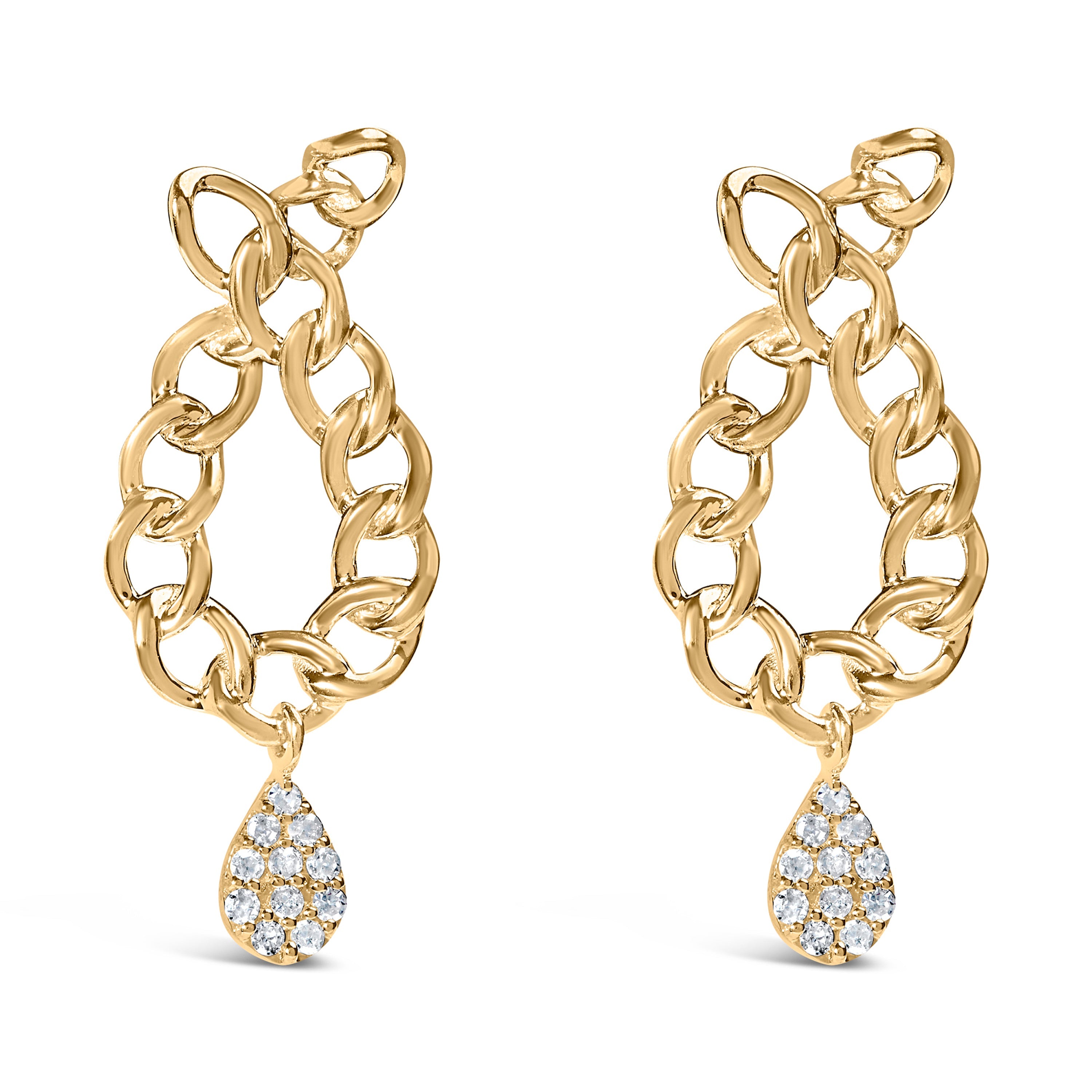 14K Yellow Gold Plated .925 Sterling Silver 1/10 Cttw Diamond Chain Link Teardrop Dangle Earrings (H-I Color, I1-I2 Clarity) DestGlow