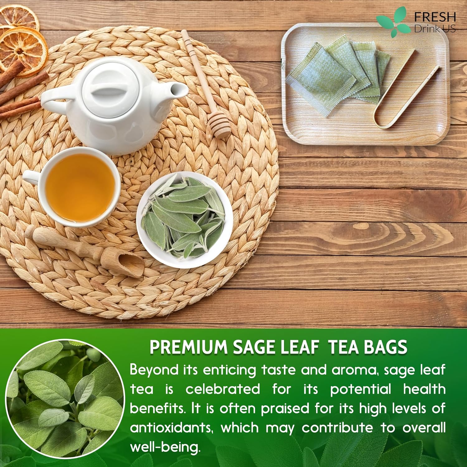Sage Leaf Tea Bags, 100% Natural & Pure from Sage Leaves. Loose Leaf Sage Herbal Tea. Sage Leaf Tea. Made with Natural Material Tea Bags. No Sugar, No Caffeine, No Gluten, Vegan. by FreshDrinkUS - Natural and Premium Herbal Tea