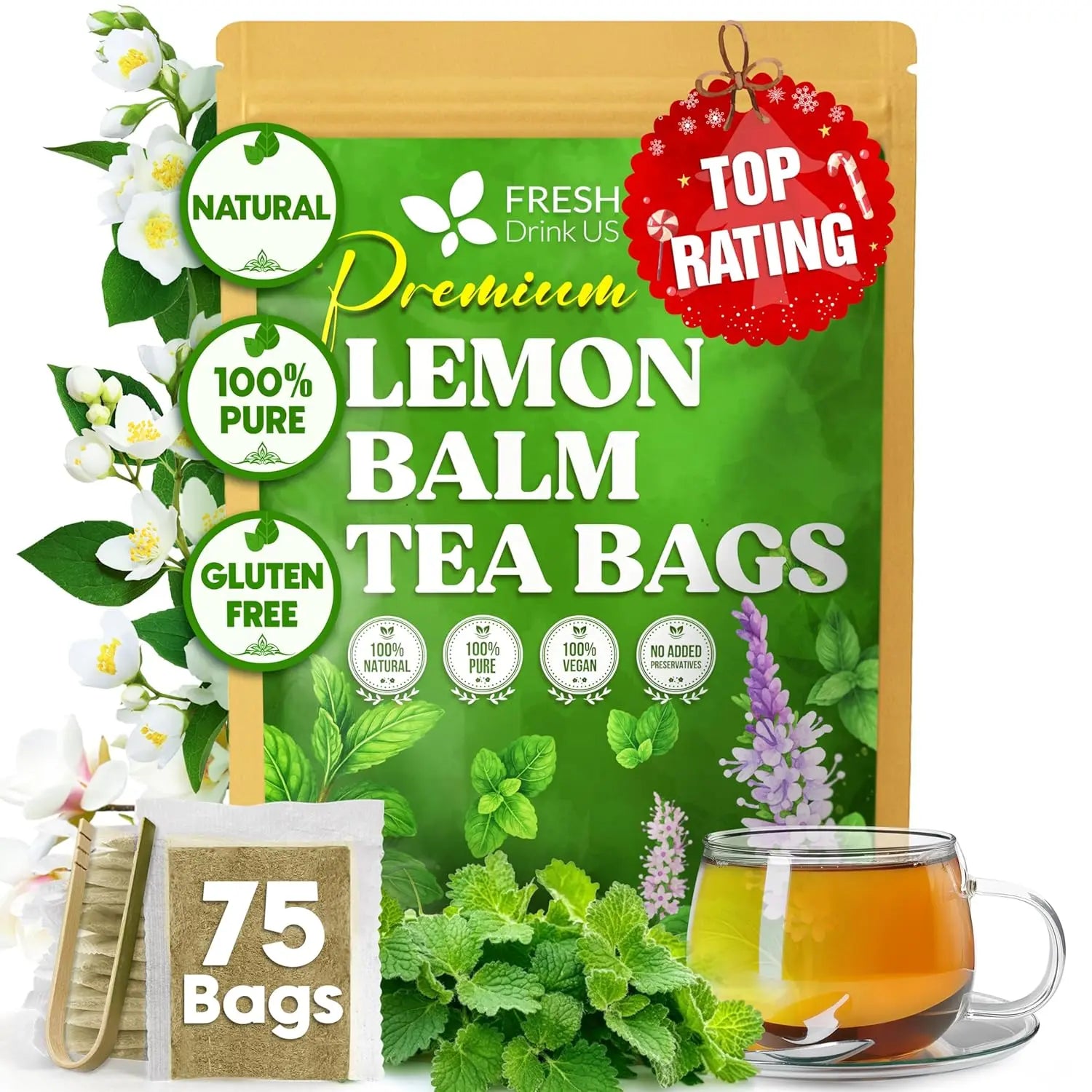 Premium Lemon Balm Leaf Tea Bags, 100% Natural & Pure from Lemon Balm Leaves. Loose Leaf Lemon Balm Herbal Tea. Lemon Balm Leaf Tea. No Sugar, No Caffeine, No Gluten, Vegan. by FreshDrinkUS - Natural and Premium Herbal Tea