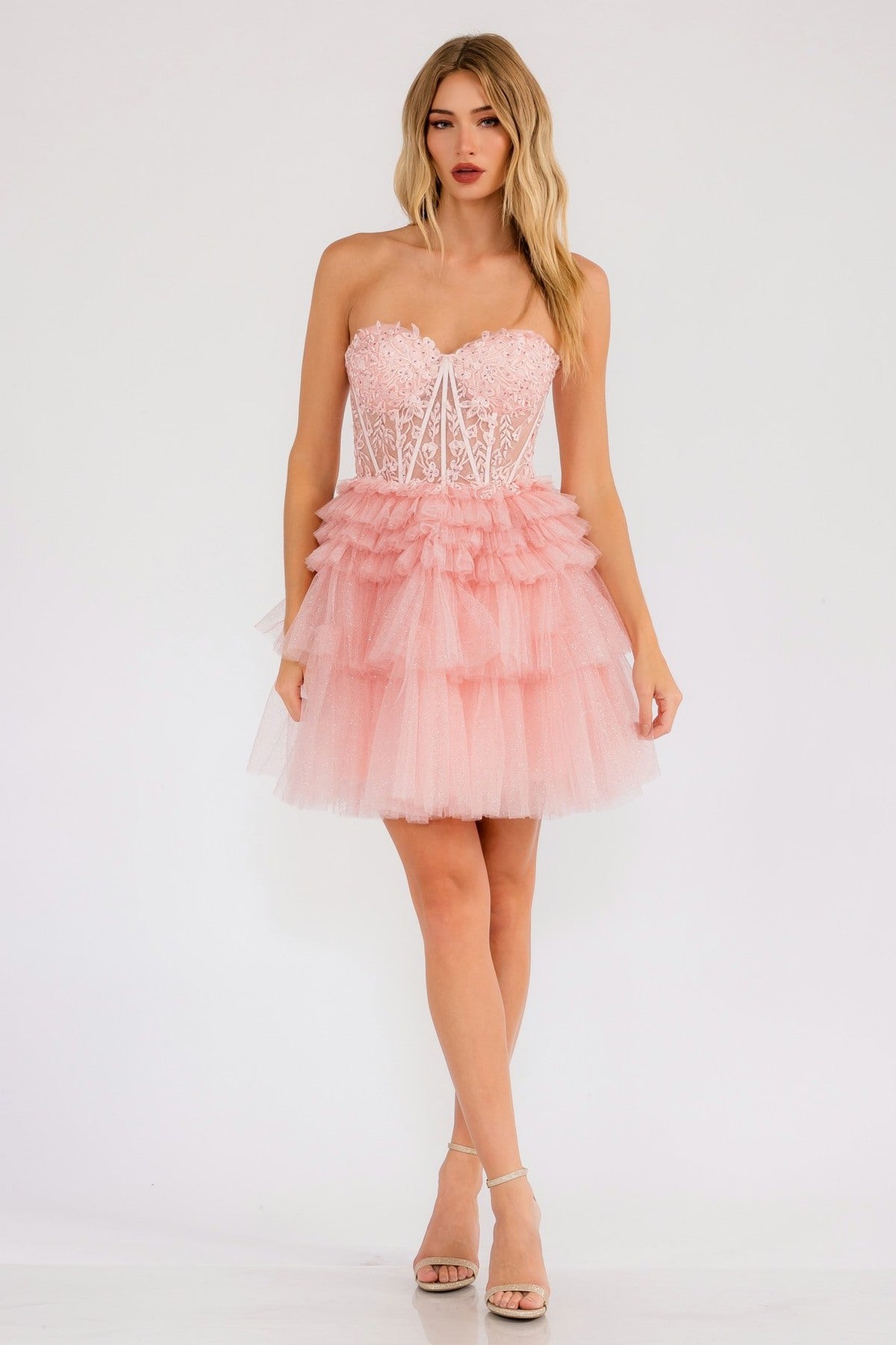 Juliet JT918A Dress Strapless Cocktail Leaf Lace Corset Bodice Ruffle Skirt by DiscountDressShop