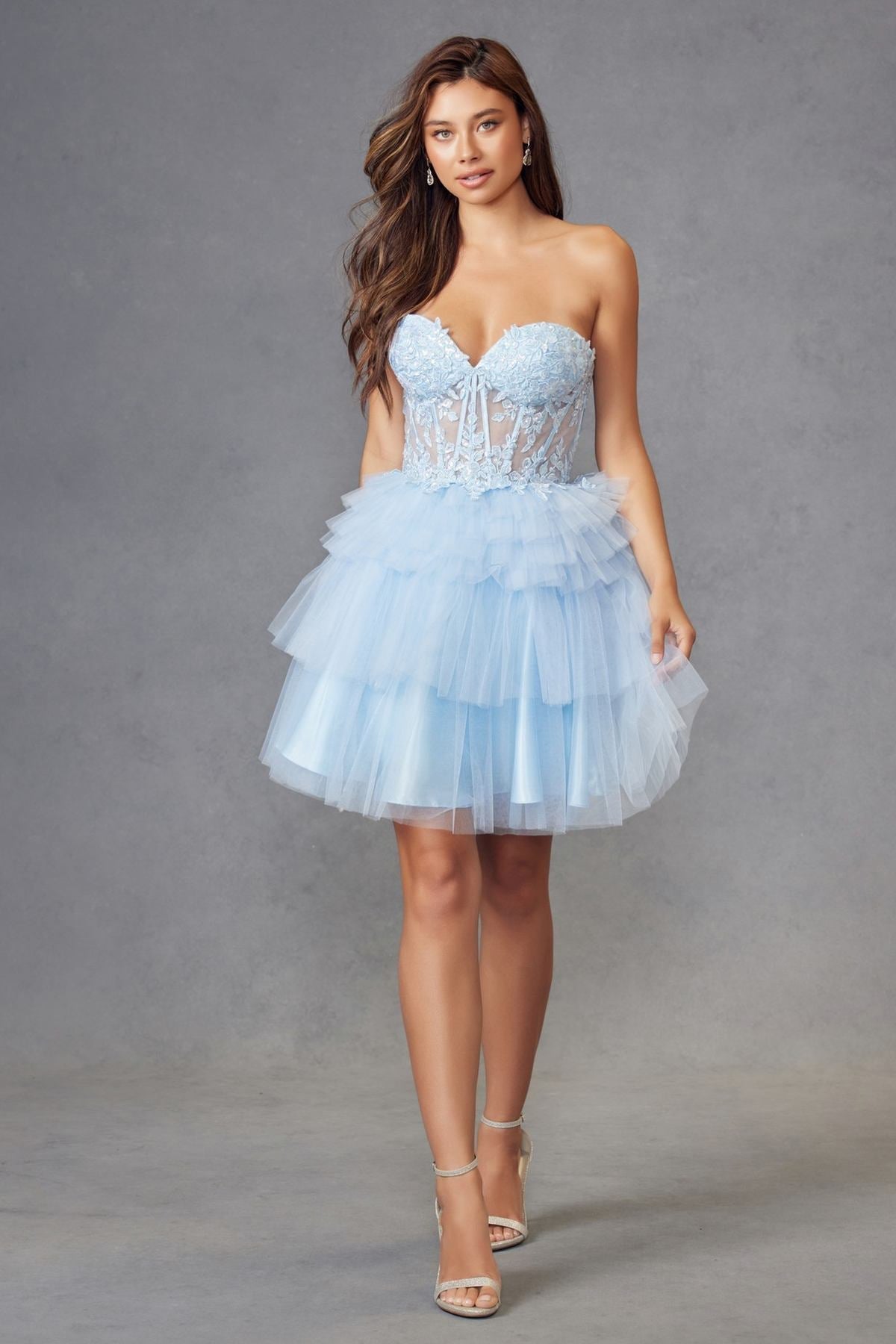 Juliet JT918A Dress Strapless Cocktail Leaf Lace Corset Bodice Ruffle Skirt by DiscountDressShop
