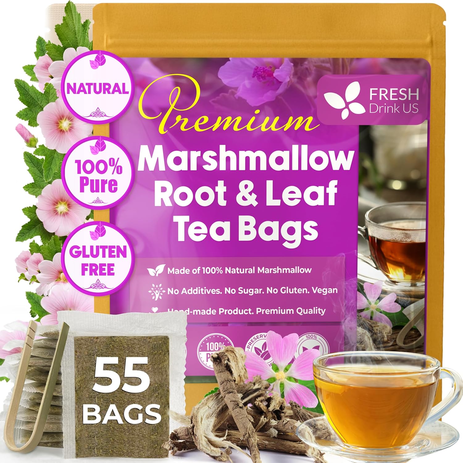 Premium Marshmallow Root and Leaf Tea Bags, 100% Natural & Pure. by FreshDrinkUS - Natural and Premium Herbal Tea