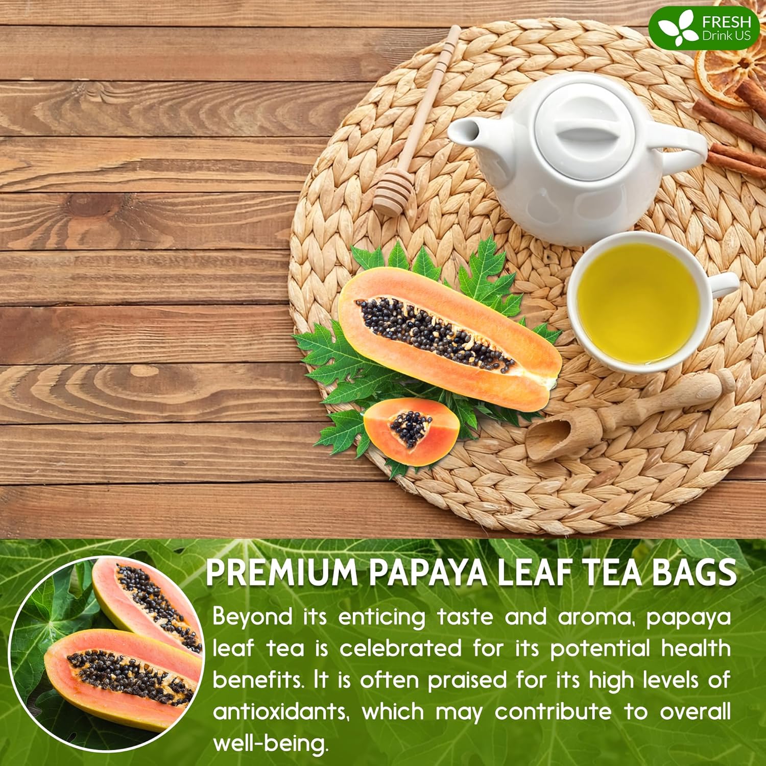 Premium Papaya Leaf Tea Bags, Made with Natural Material Tea Bags. No Sugar, No Caffeine, No Gluten, Vegan. by FreshDrinkUS - Natural and Premium Herbal Tea