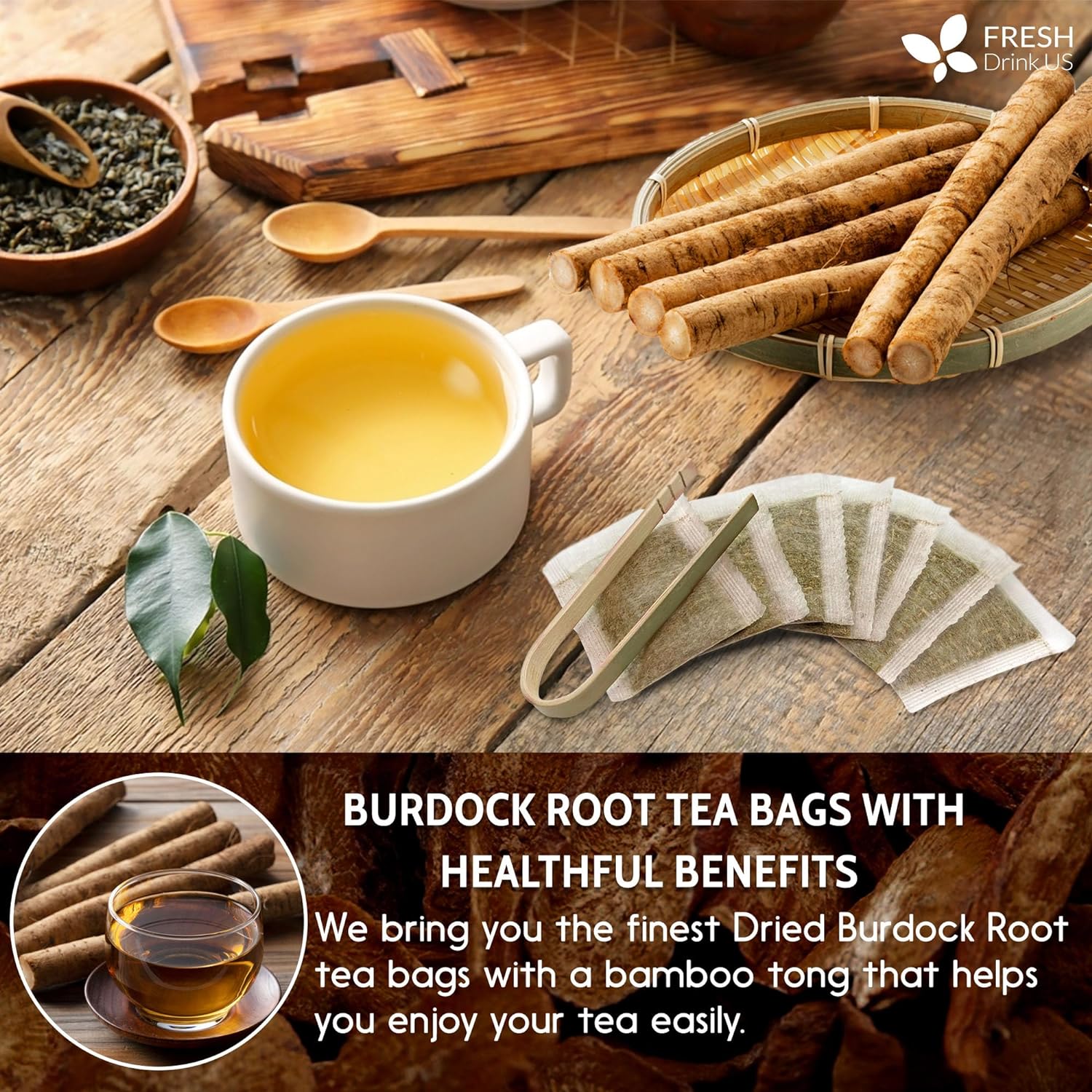 Burdock Root Tea Bags, 100% Natural & Pure from Burdock Root. Burdock Root Herbal Tea. Burdock Root Tea. No Sugar, No Caffeine, No Gluten, Vegan. by FreshDrinkUS - Natural and Premium Herbal Tea