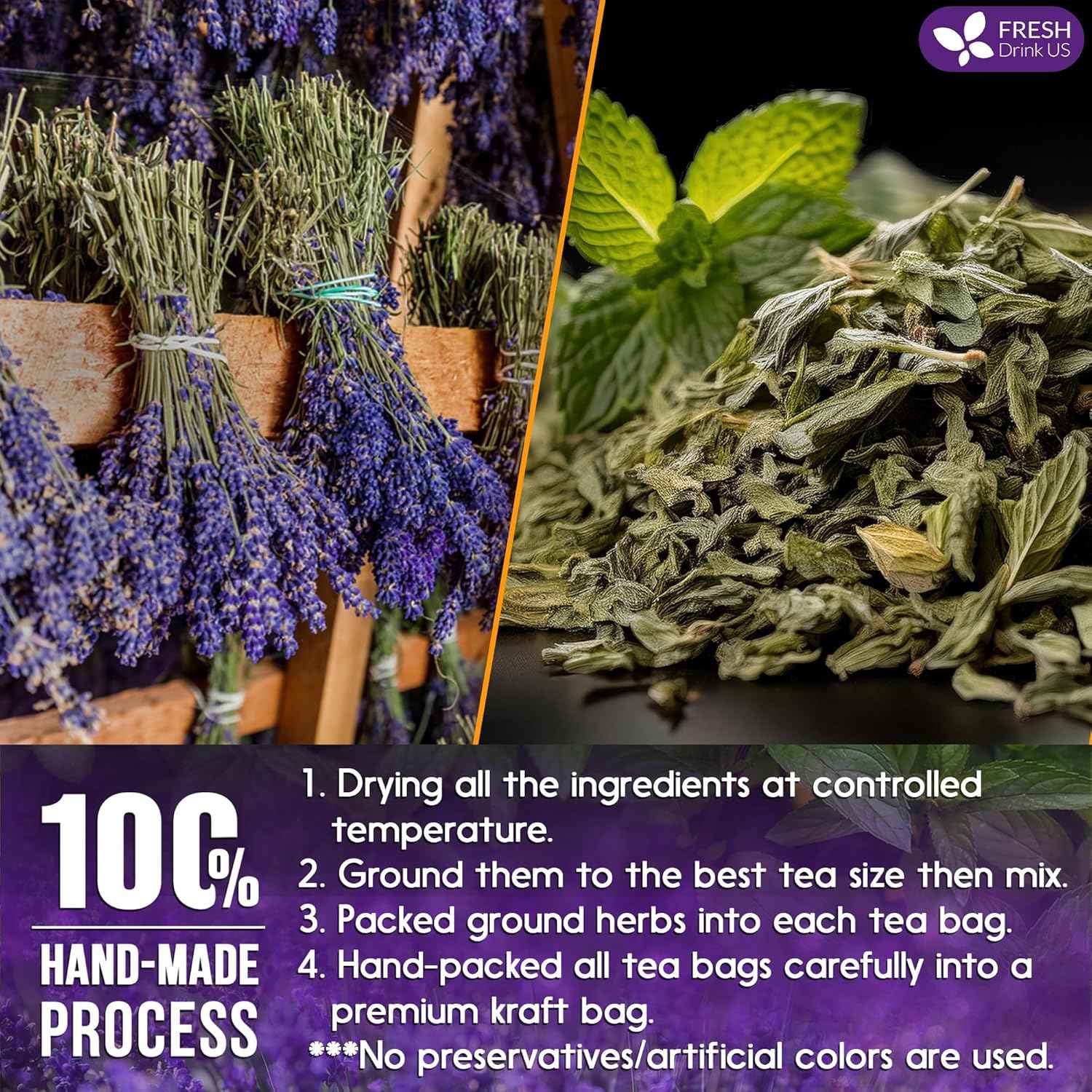 Premium Lavender Mint Tea Bags. 100% Natural, Blend of Lavender, Peppermint, Sage and Licorice.