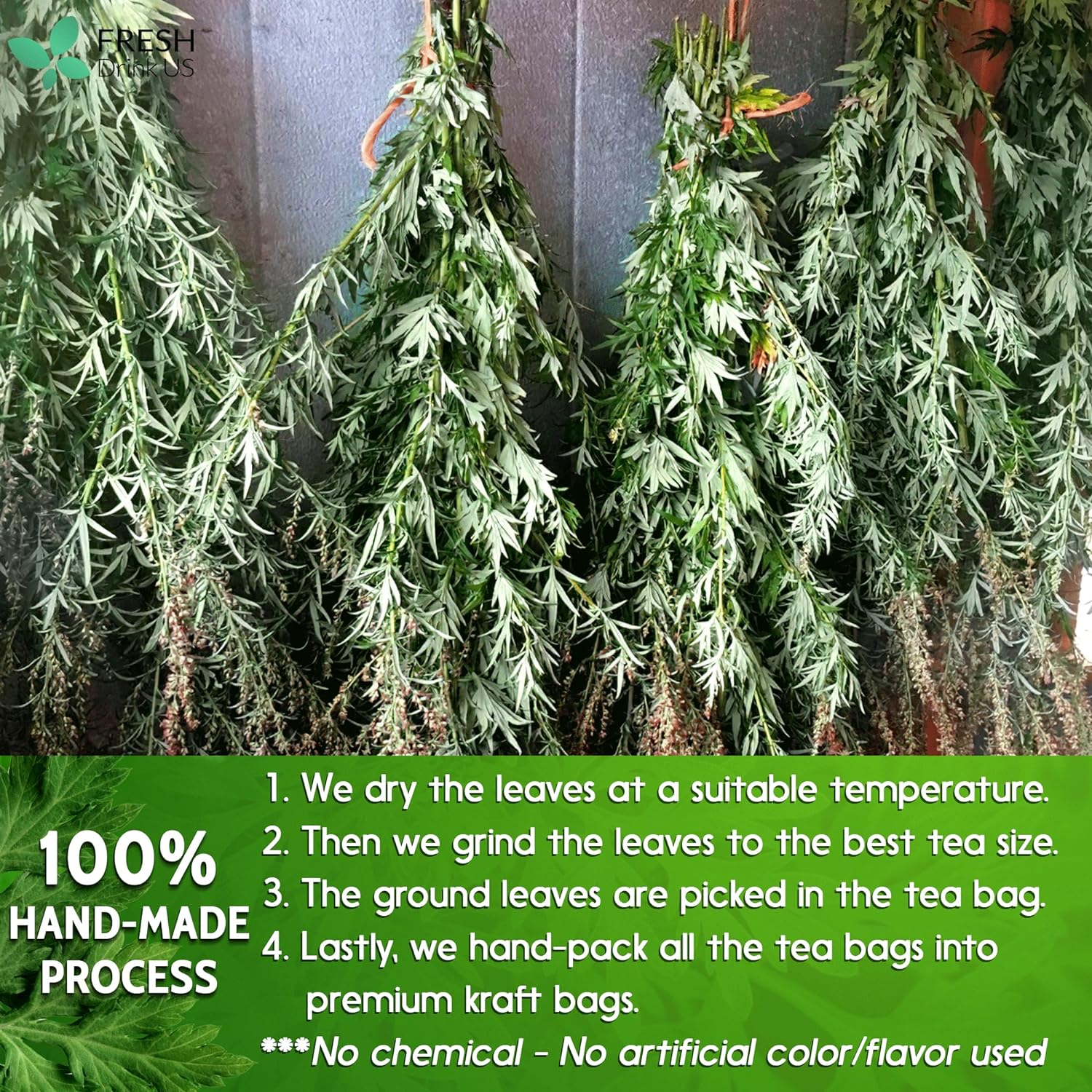 Mugwort Leaf Tea Bags, 100% Natural and Pure Mugwort Leaves, Loose Leaf Mugwort Herbal Tea, Mugwort Leaf Tea, No Sugar, No Caffeine, No Gluten, Vegan. by FreshDrinkUS - Natural and Premium Herbal Tea