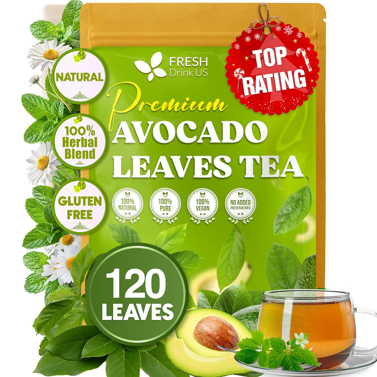 Natural Avocado Whole Leaves Dried, Tea Bags, 100% Pure from Avocado Leaves, Avocado Leaf Tea, Hojas de Aguacate Seca, No Additives, No Caffeine, Vegan by FreshDrinkUS - Natural and Premium Herbal Tea
