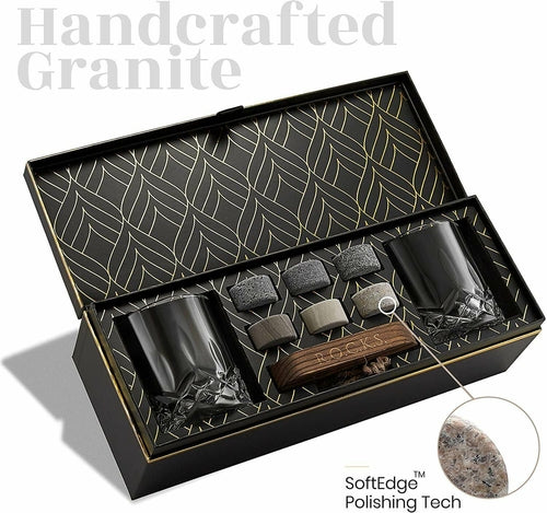 Whiskey Stones Gift Set - Signature Crystal Glasses & Granite Cooling Stones