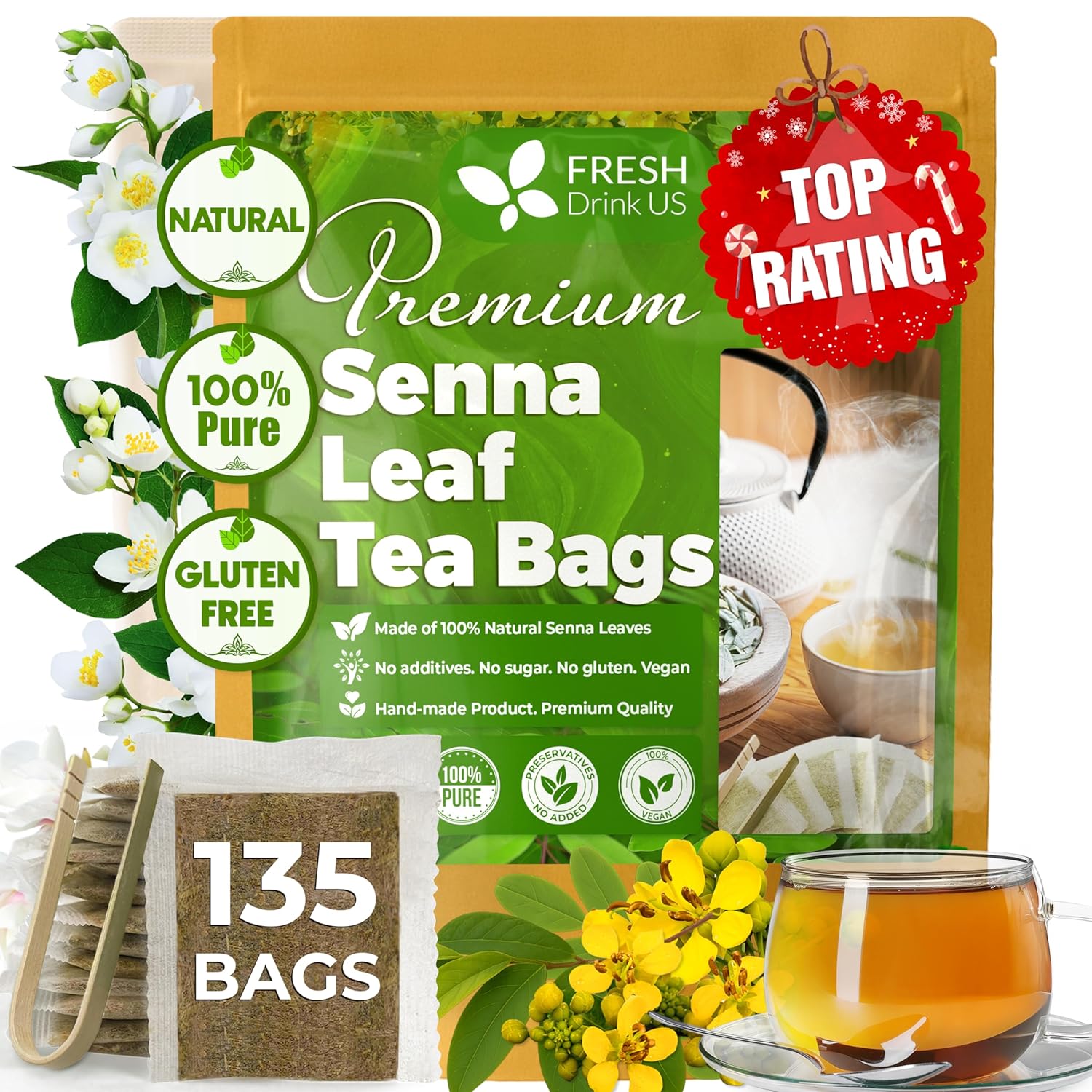 Premium Senna Leaf Tea Bags, 100% Natural & Pure from Senna Leaves. Loose Leaf Senna Herbal Tea, Made with Natural Material Tea Bags, Senna Leaf Tea. No Sugar, No Caffeine, No Gluten, Vegan. by FreshDrinkUS - Natural and Premium Herbal Tea
