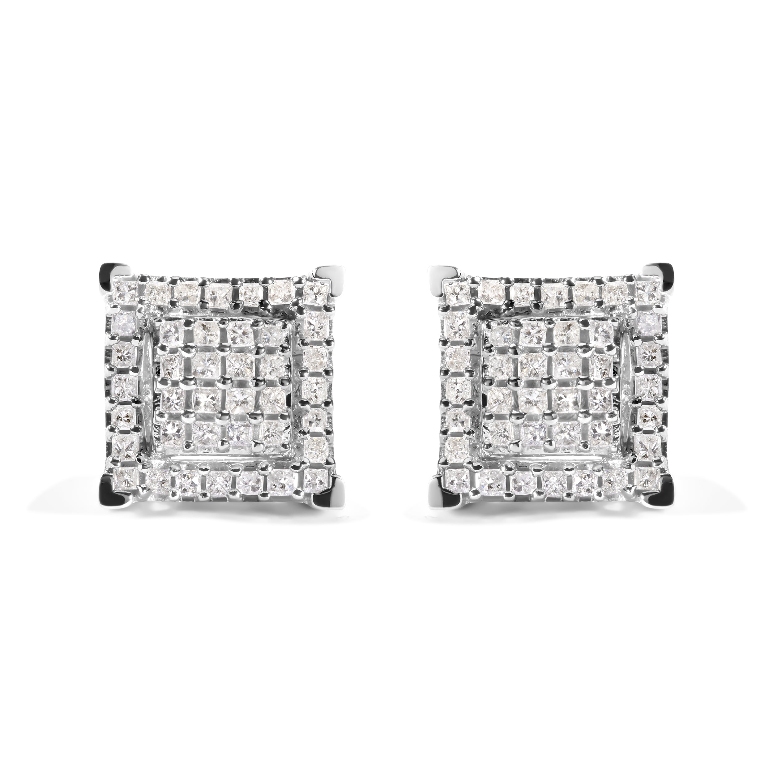10K White Gold 1 1/4 Cttw Princess Diamond Composite Double Square and Halo Stud Earrings (I-J Color, I1-I2 Clarity) by Bids.com