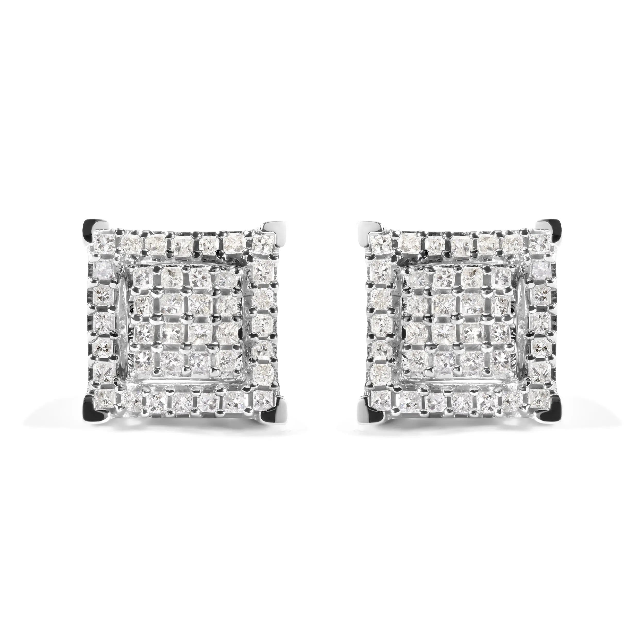 10K White Gold 1 1/4 Cttw Princess Diamond Composite Double Square and Halo Stud Earrings (I-J Color, I1-I2 Clarity)