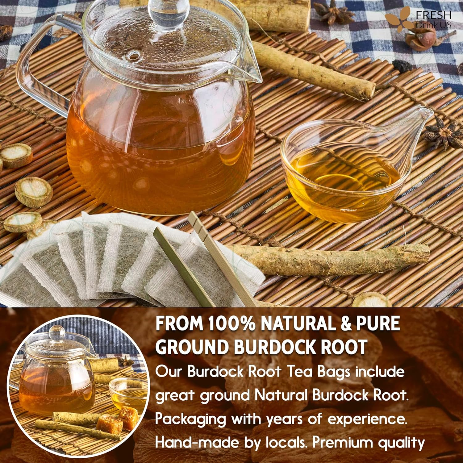 Burdock Root Tea Bags, 100% Natural & Pure from Burdock Root. Burdock Root Herbal Tea. Burdock Root Tea. No Sugar, No Caffeine, No Gluten, Vegan. by FreshDrinkUS - Natural and Premium Herbal Tea